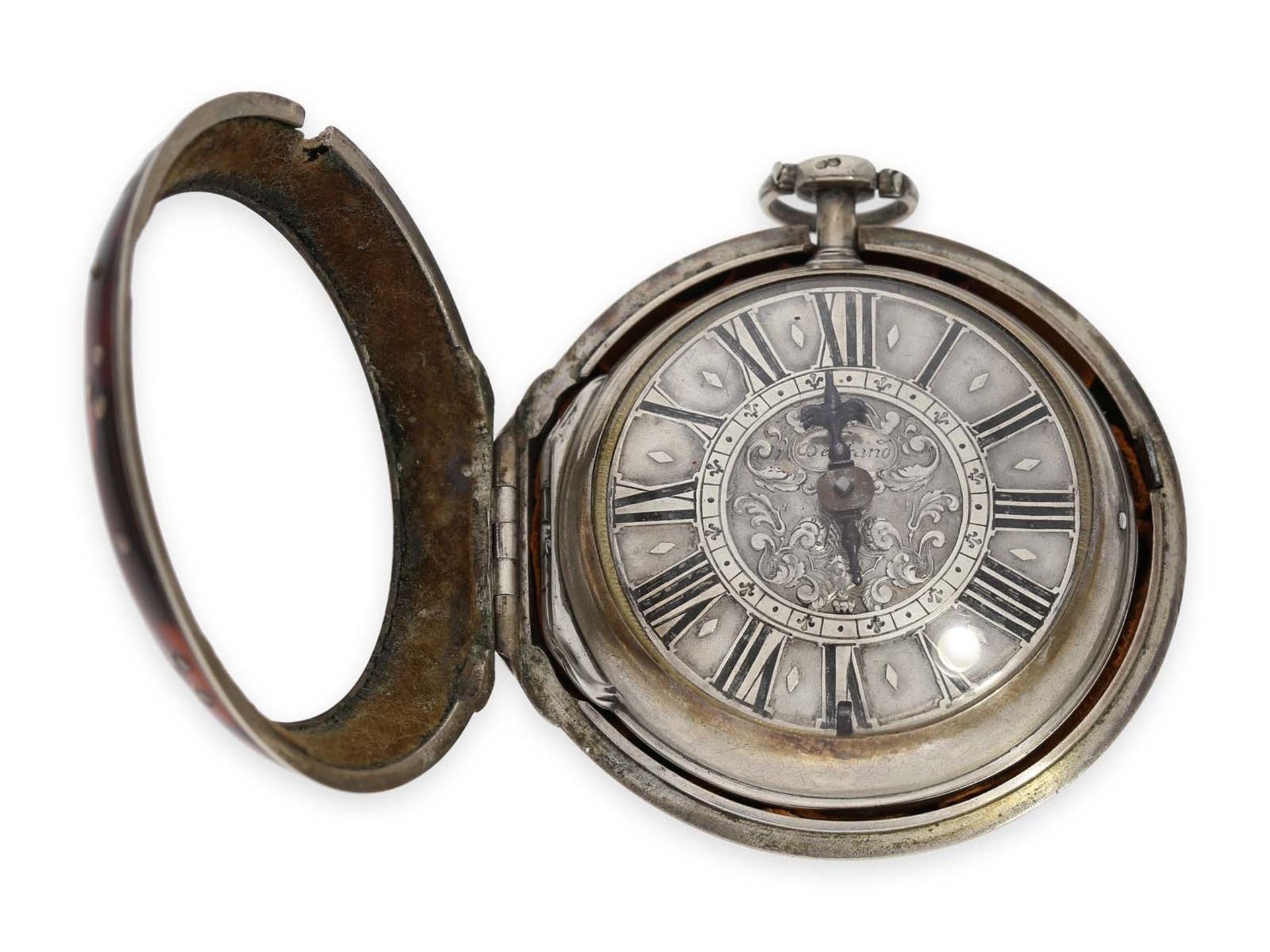 Taschenuhr: interessante, frühe Genfer Doppelgehäuse-Spindeluhr, bedeutender Genfer Uhrmacher, - Bild 3 aus 8