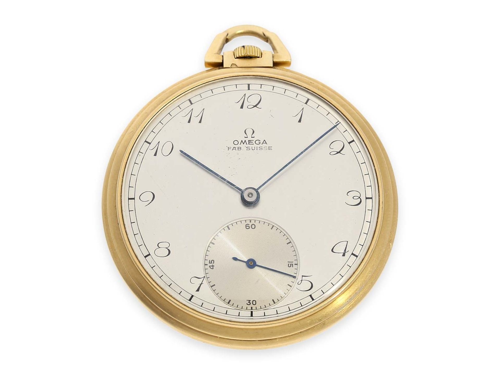 Taschenuhr: feine Art déco Frackuhr von Omega, 18K Gold, 30er JahreCa. Ø48mm, ca. 57g, 18K Gold,