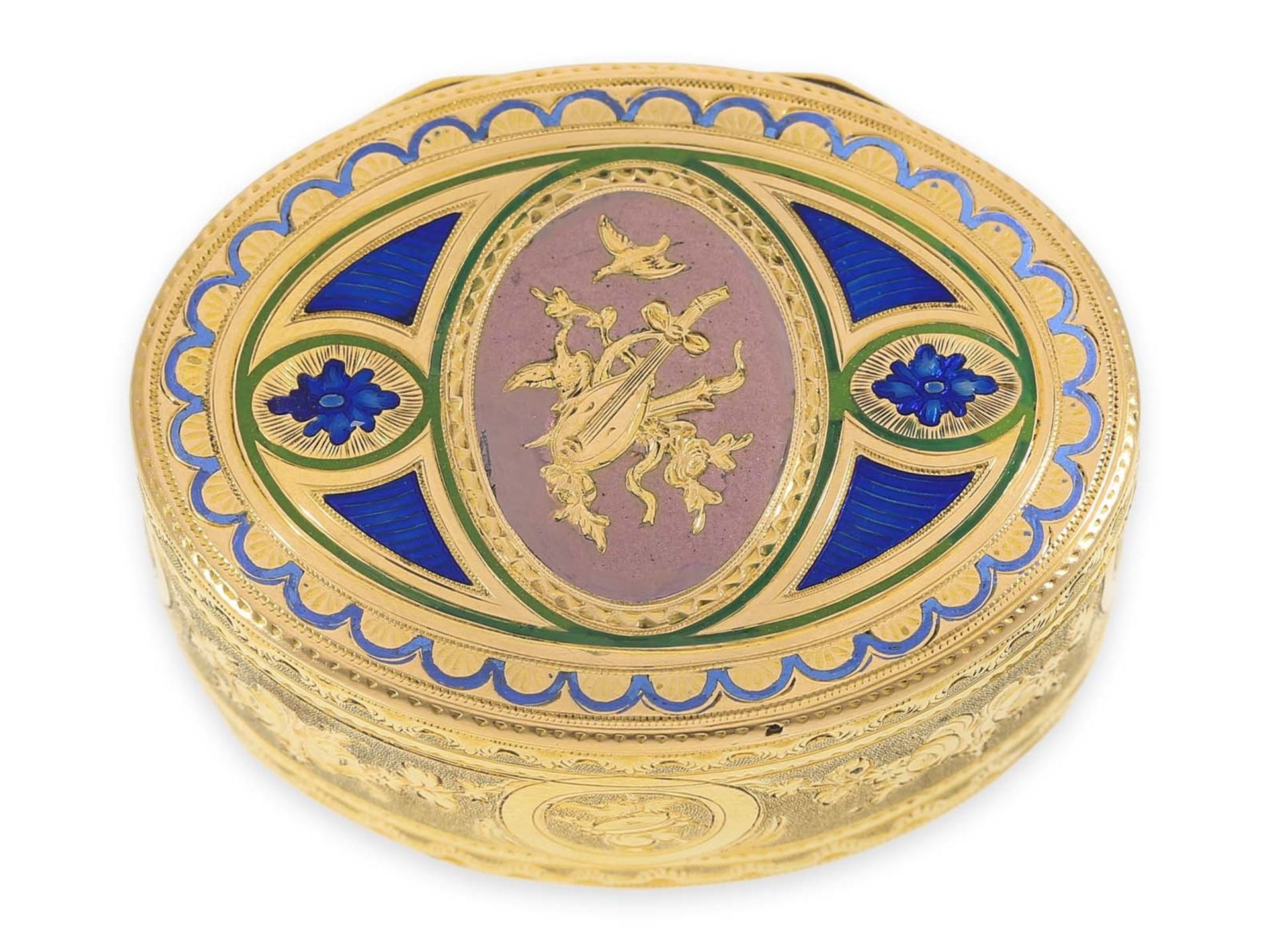 Schnupftabakdose: museale, exquisite Gold/Emaille-Schnupftabakdose, 20K Gold, Punze "MC mit