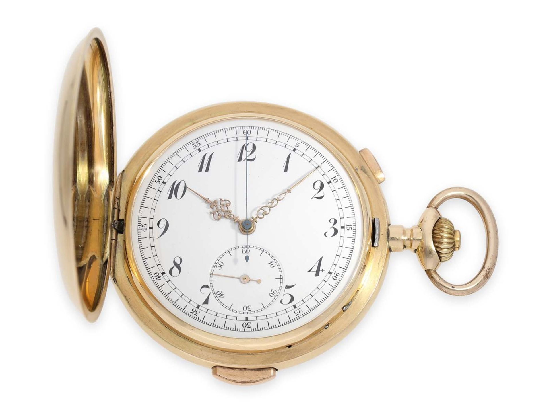 Taschenuhr: besonders große und schwere Goldsavonnette mit Repetition und Chronograph, Schweiz ca.