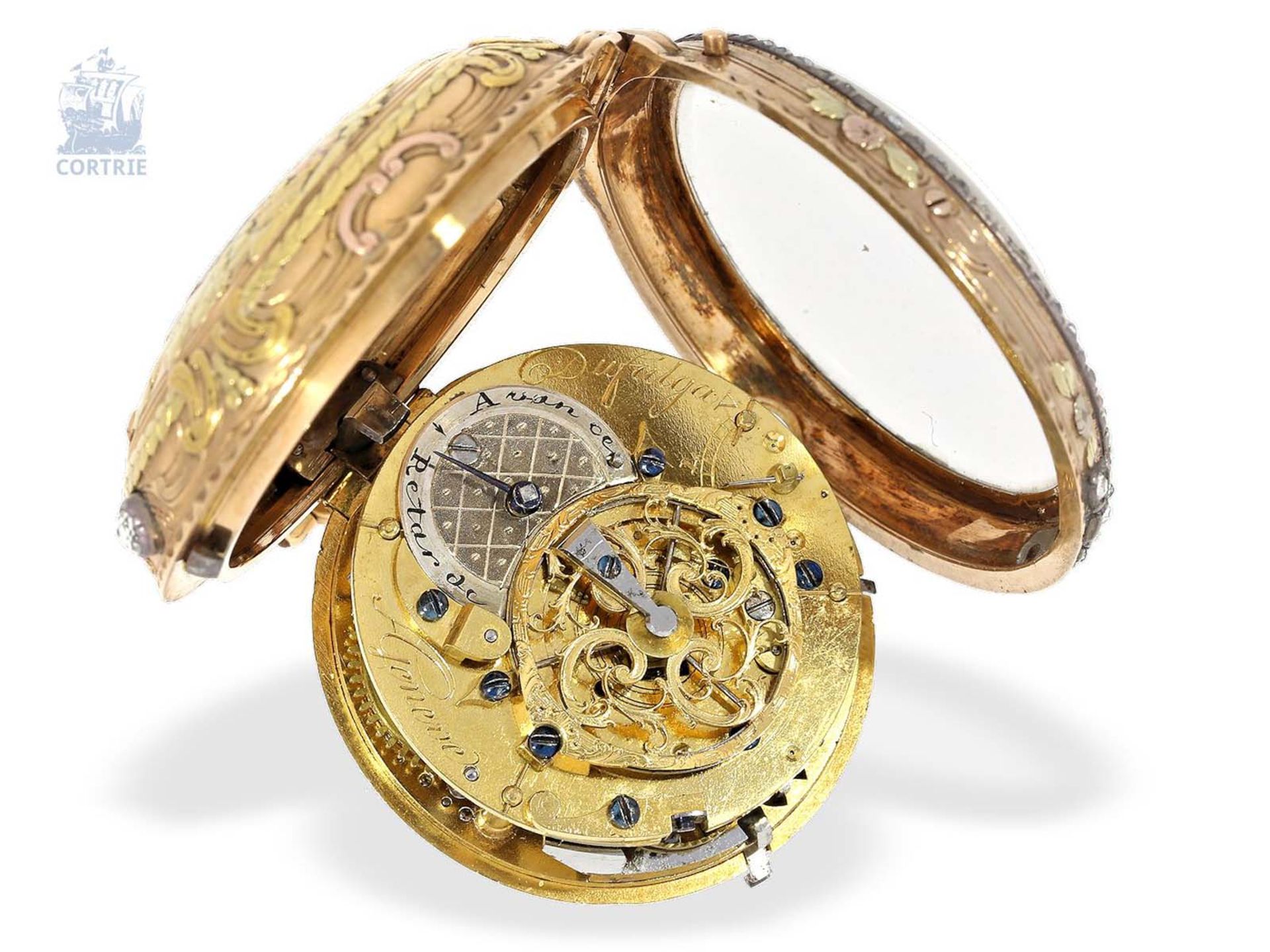 Taschenuhr: besonders prächtige 20K Gold 4-Farben Spindeluhr mit Repetition und Steinbesatz, Dufalga - Bild 4 aus 4
