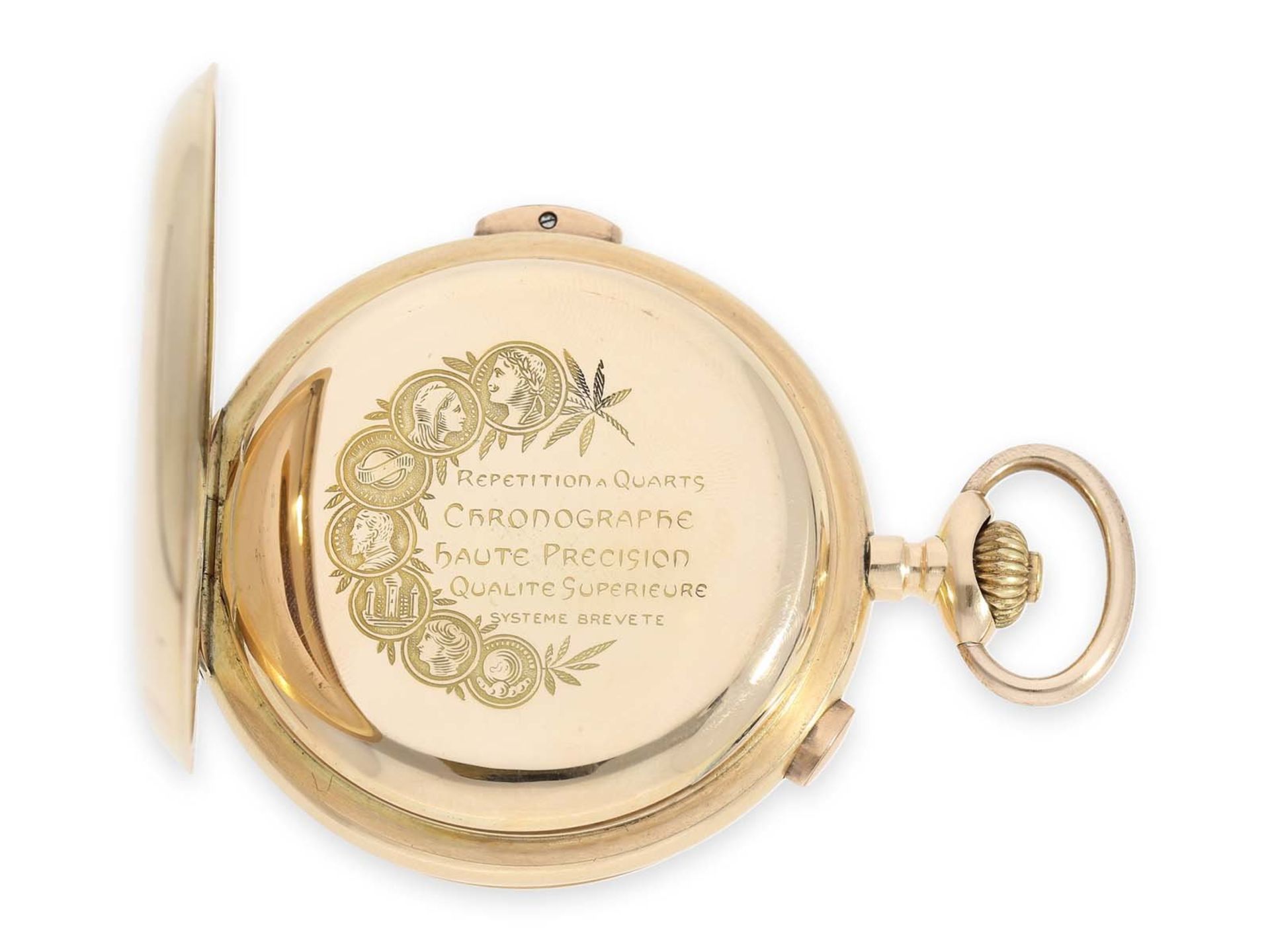 Taschenuhr: besonders große und schwere Goldsavonnette mit Repetition und Chronograph, Schweiz ca. - Bild 4 aus 7