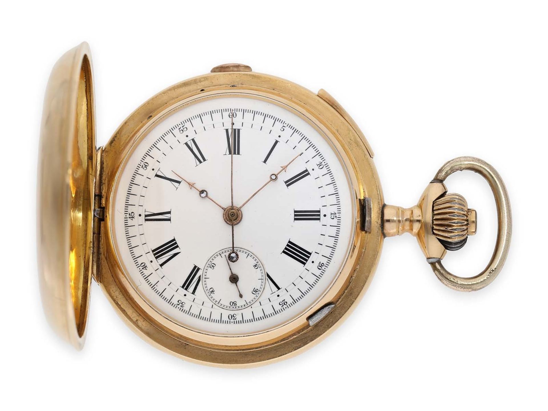 Taschenuhr: schwere, rotgoldene Savonnette mit Repetition und Chronograph und schwerer,