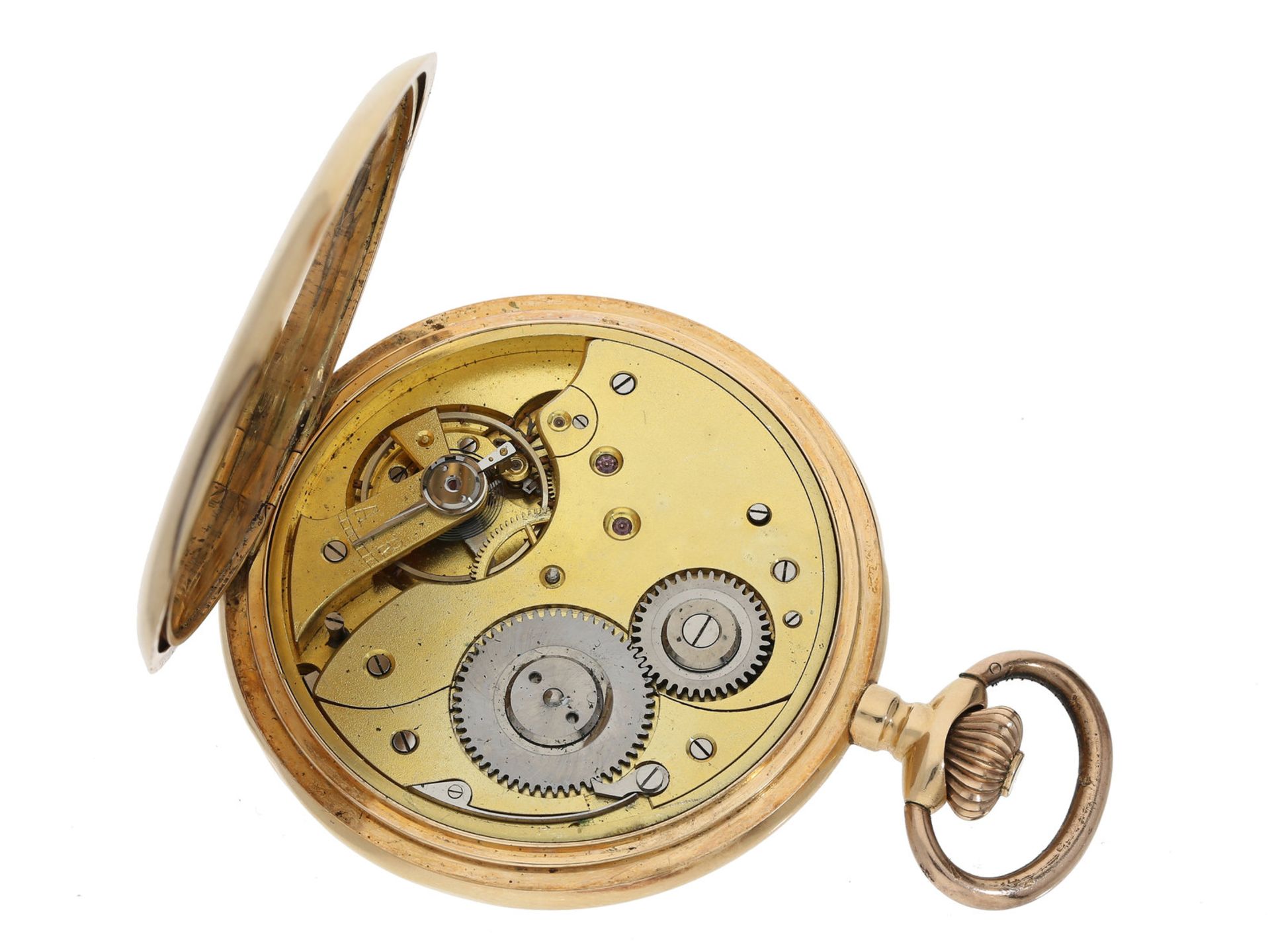 Taschenuhr: große Schweizer Goldsavonnette, um 1900, System GlashütteCa. Ø54mm, ca. 95g, 14K Gold, - Bild 2 aus 4