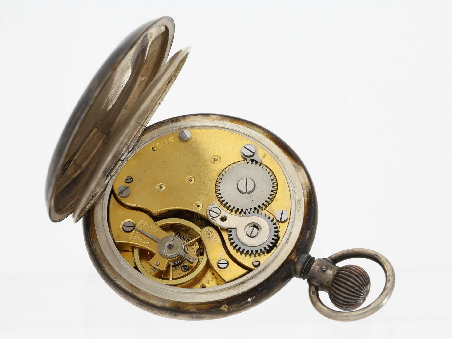 Taschenuhr: äußerst seltene "Auto" Tachymeter-Stoppuhr mit retrogradem Minutenzähler, Silbergehäuse, - Bild 2 aus 2