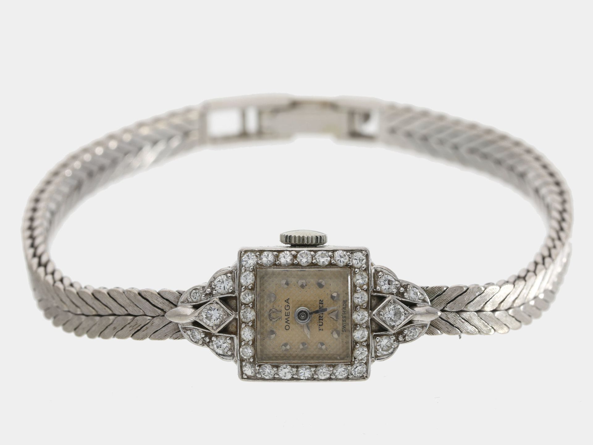 Armbanduhr: dekorative, weißgoldene Art déco Damenuhr der Marke Omega, Kaliber 212, ca.1948Ca.