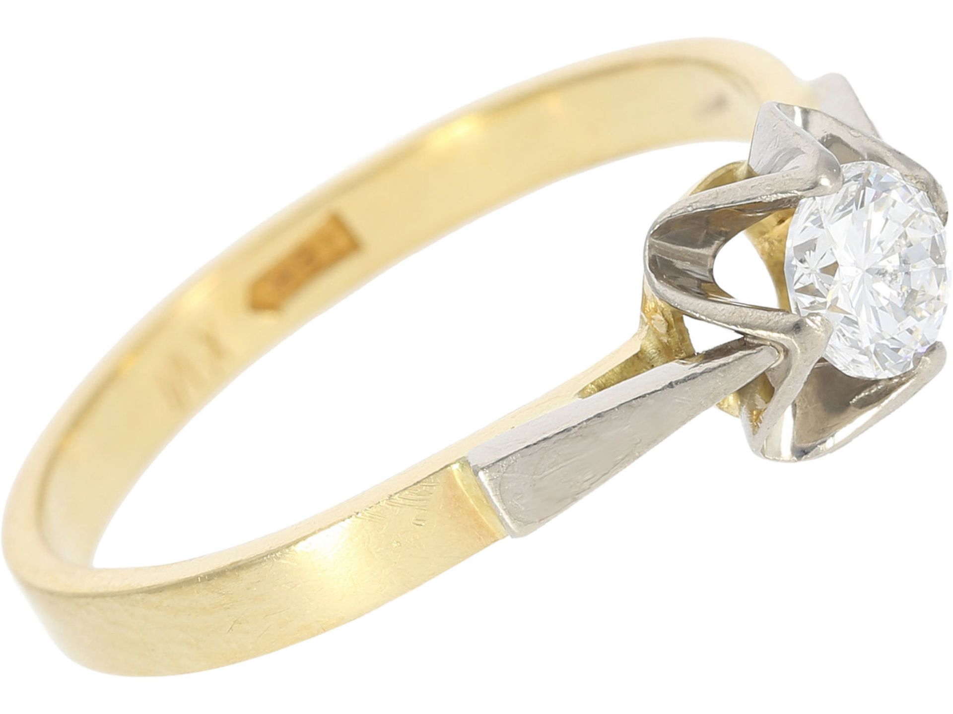 Ring: vintage Brillant/Solitärring in Bicoloroptik, ca. 0,45ct, 18K GoldCa. Ø19mm, RG60, ca. 3,5g, - Bild 2 aus 2