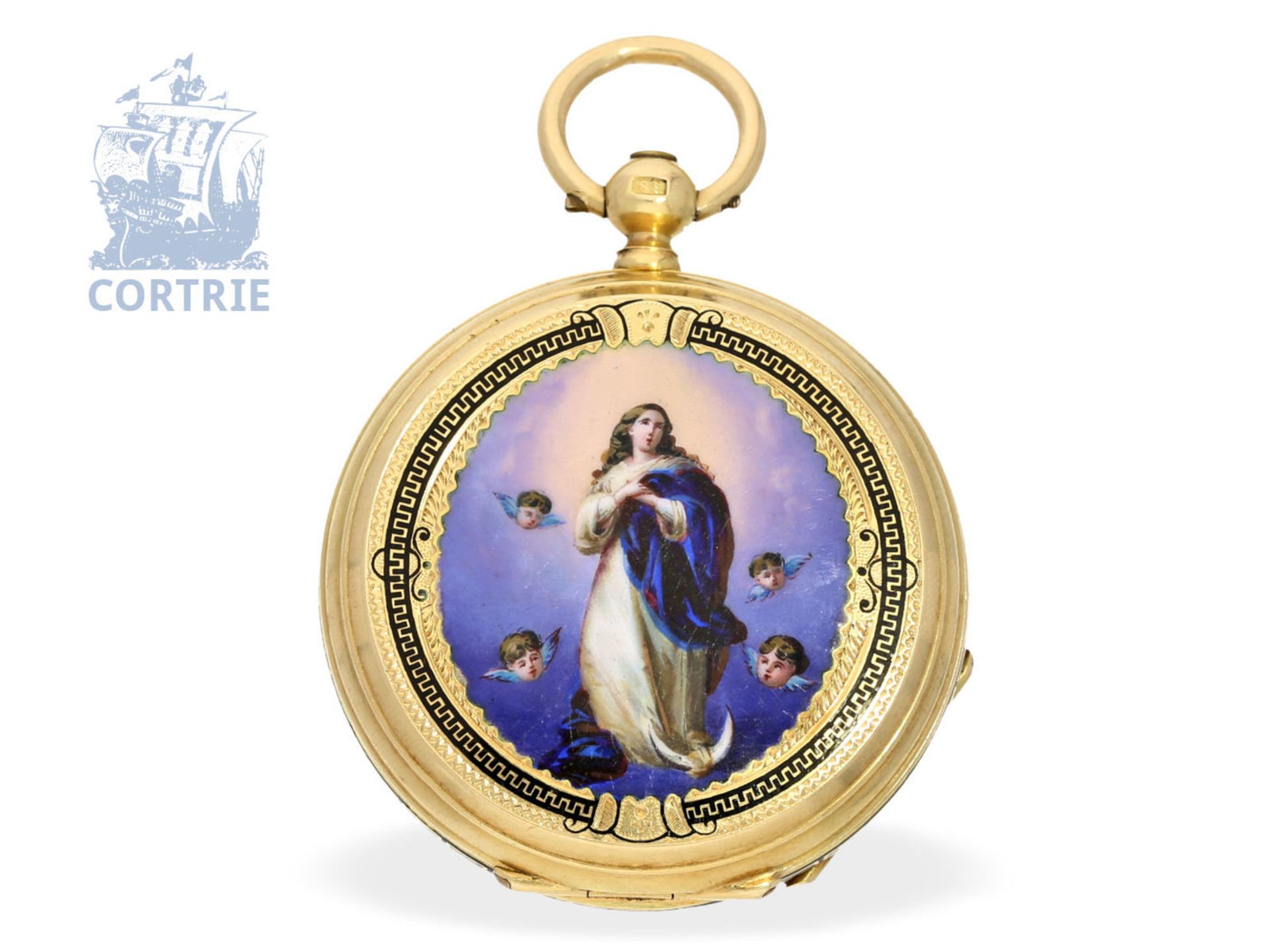 Pocket watch: fine gold/enamel hunting case watch for the Central American market ca. 1865,