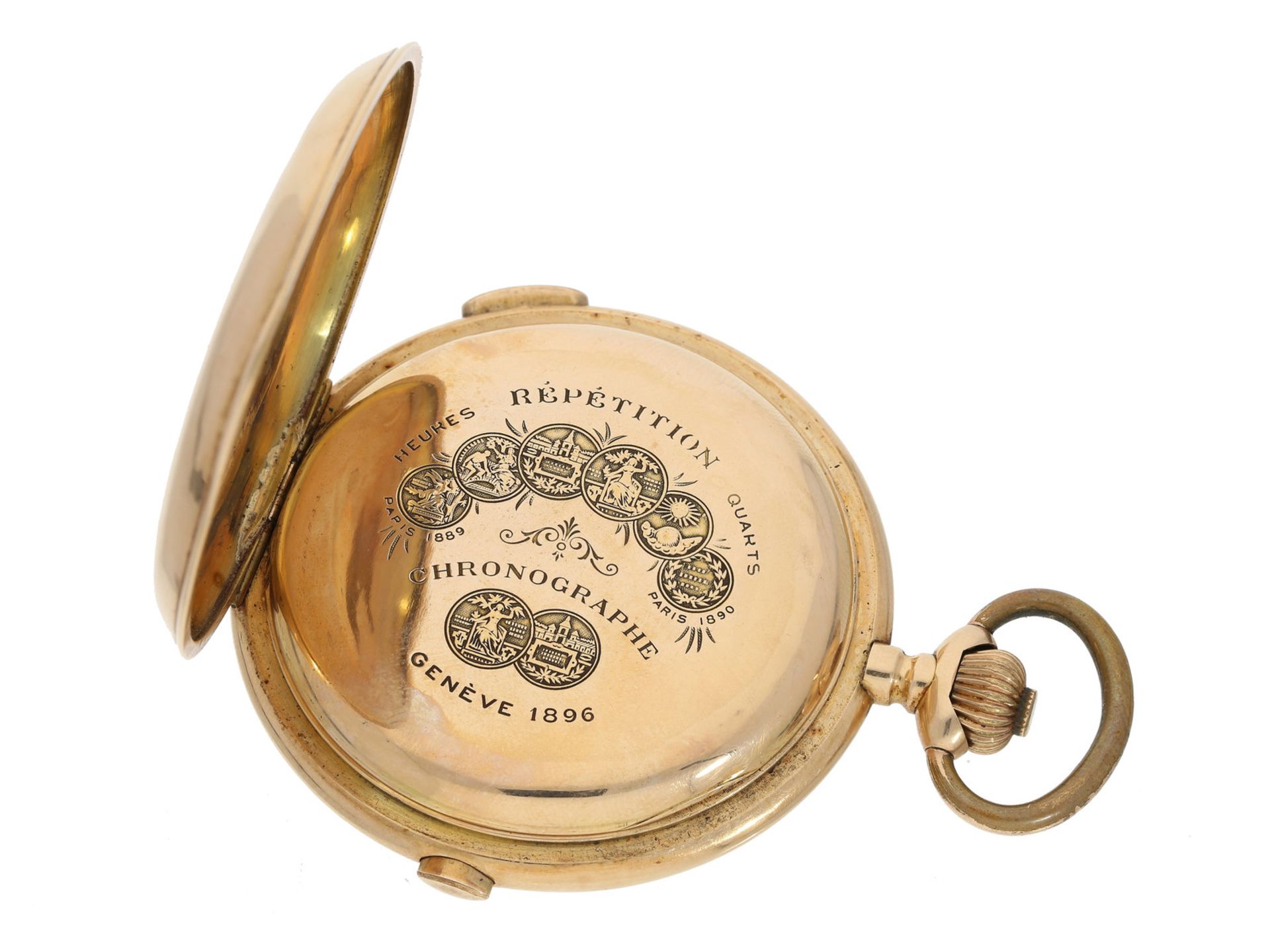 Taschenuhr: besonders große und schwere rotgoldene Savonnette mit Repetition und Chronograph und - Image 3 of 5