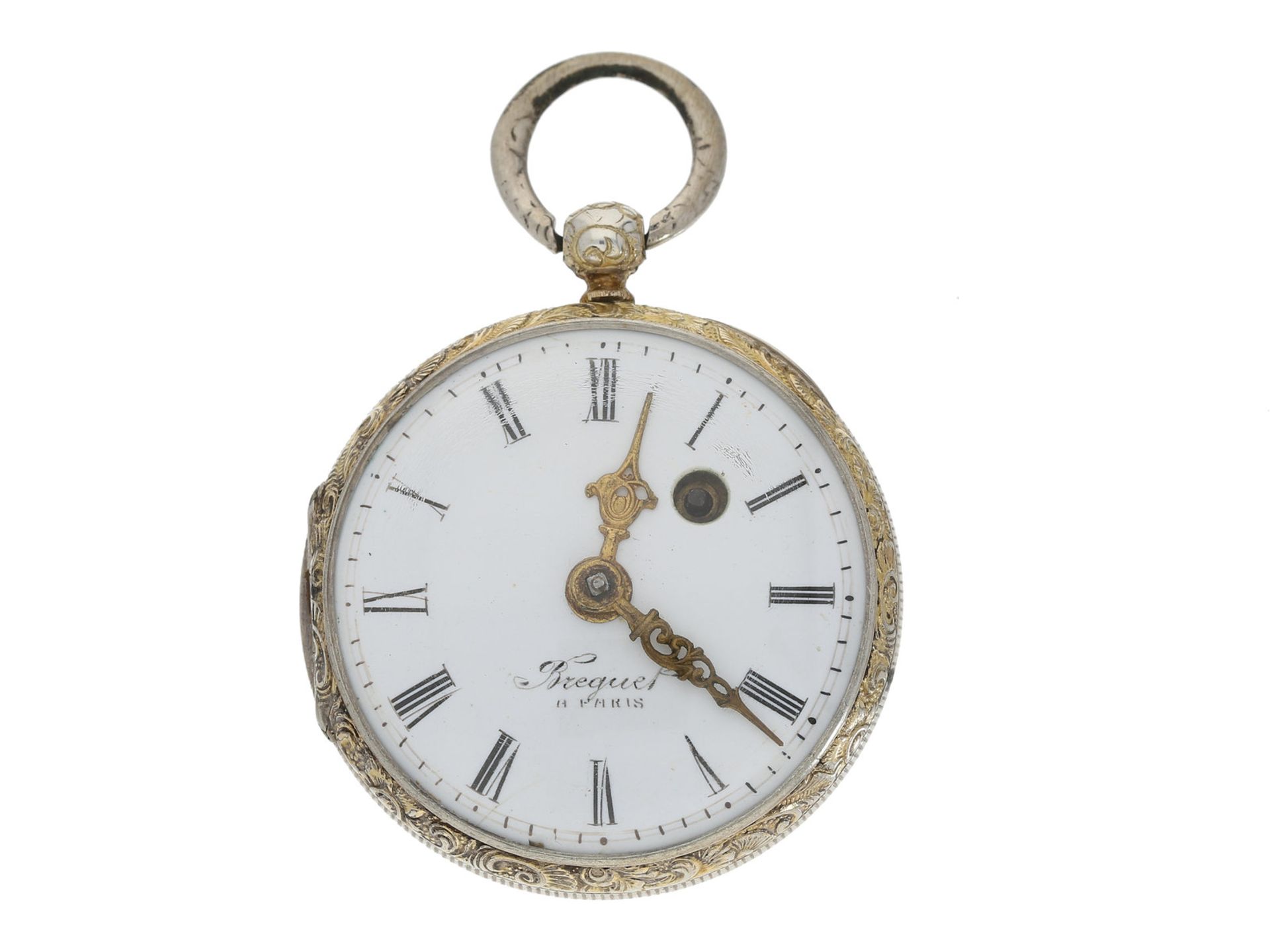 Taschenuhr: Spindeluhr um 1800, FrankreichCa. Ø41mm, ca. 48g, dekoratives Silbergehäuse mit floralem