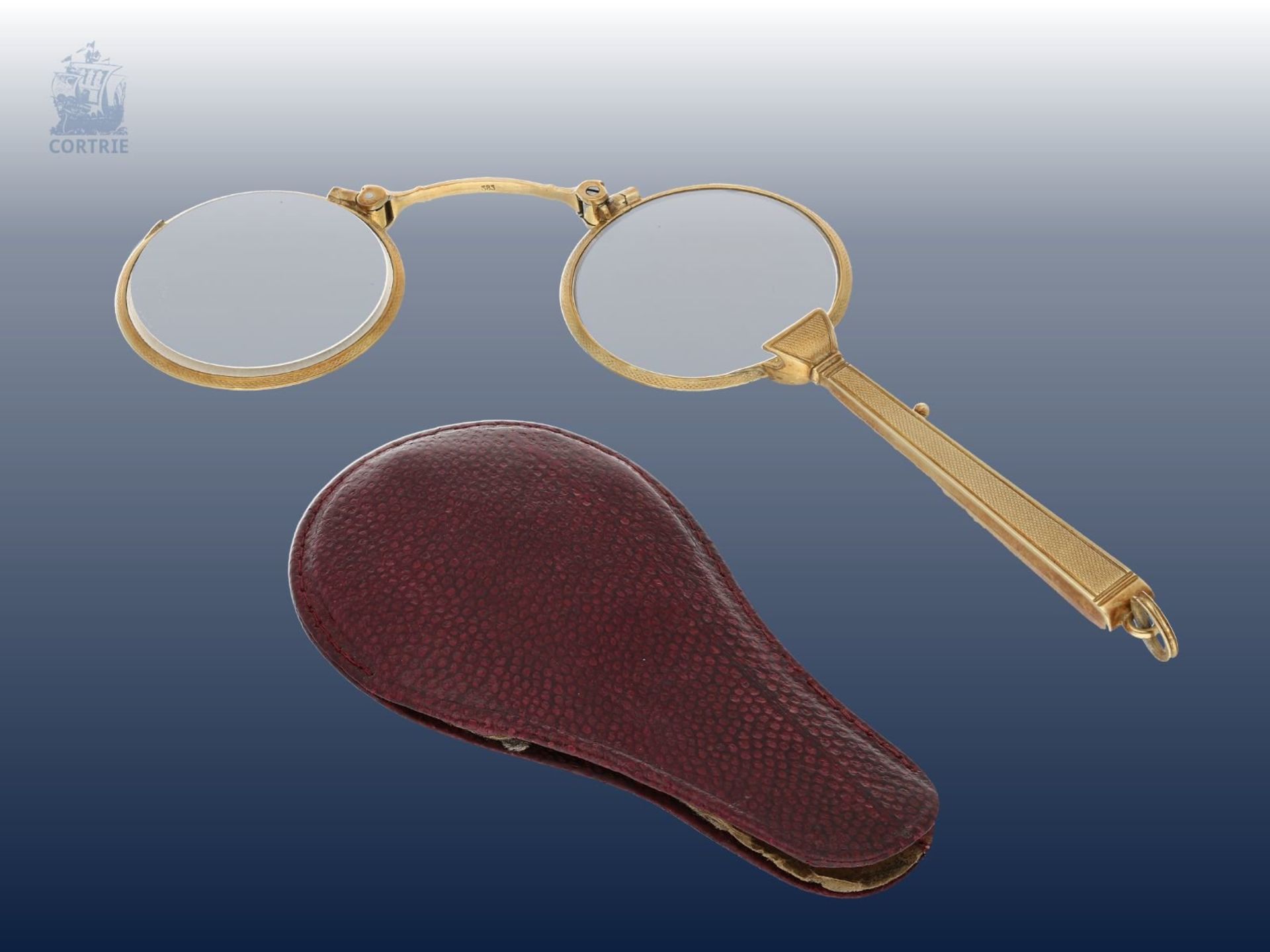 Lorgnon/Lorgnette: feines, antikes, goldenes Lorgnon, vermutlich um 1920Ca. 12cm lang, ca. 31,5g, - Bild 2 aus 3