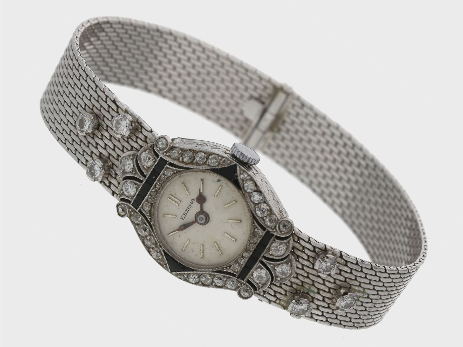 Armbanduhr: rare Art déco Damenuhr "Eszeha", Platingehäuse, besetzt mit DiamantenCa. 17cm lang,