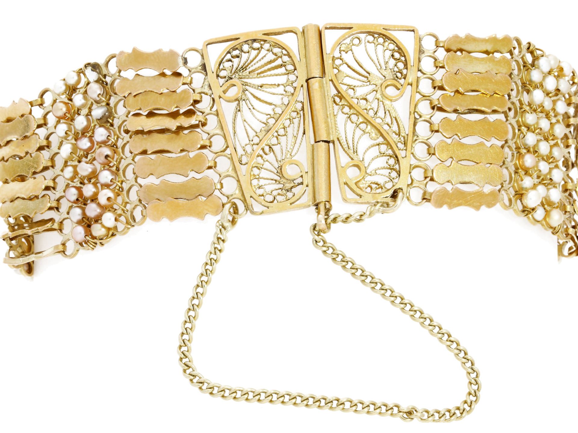 Armband: ausgefallenes antikes Armband mit Saatperlen, 18K GoldCa. 17,5cm lang, ca. 22mm breit, - Bild 4 aus 4