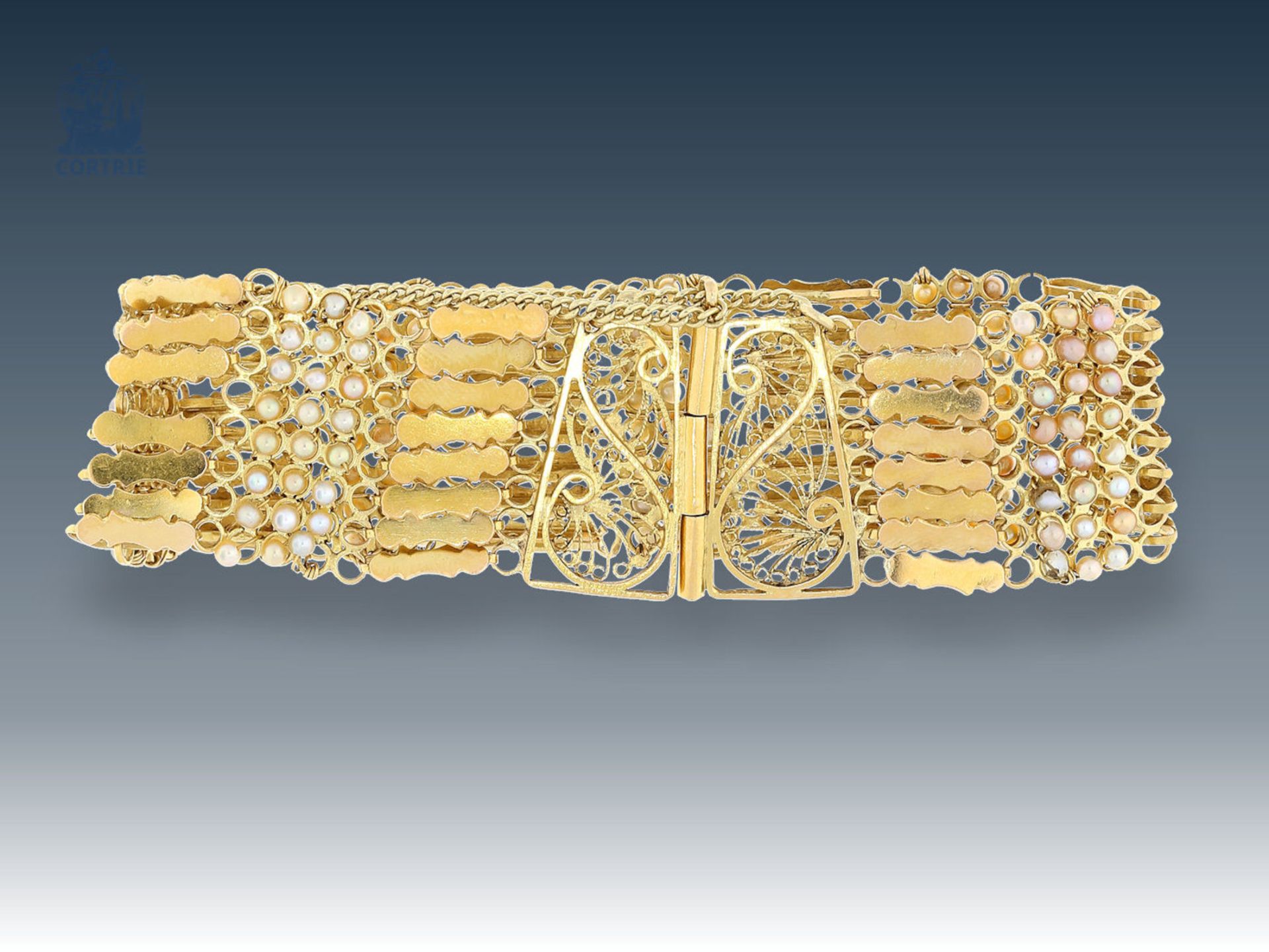 Armband: ausgefallenes antikes Armband mit Saatperlen, 18K GoldCa. 17,5cm lang, ca. 22mm breit, - Bild 2 aus 4