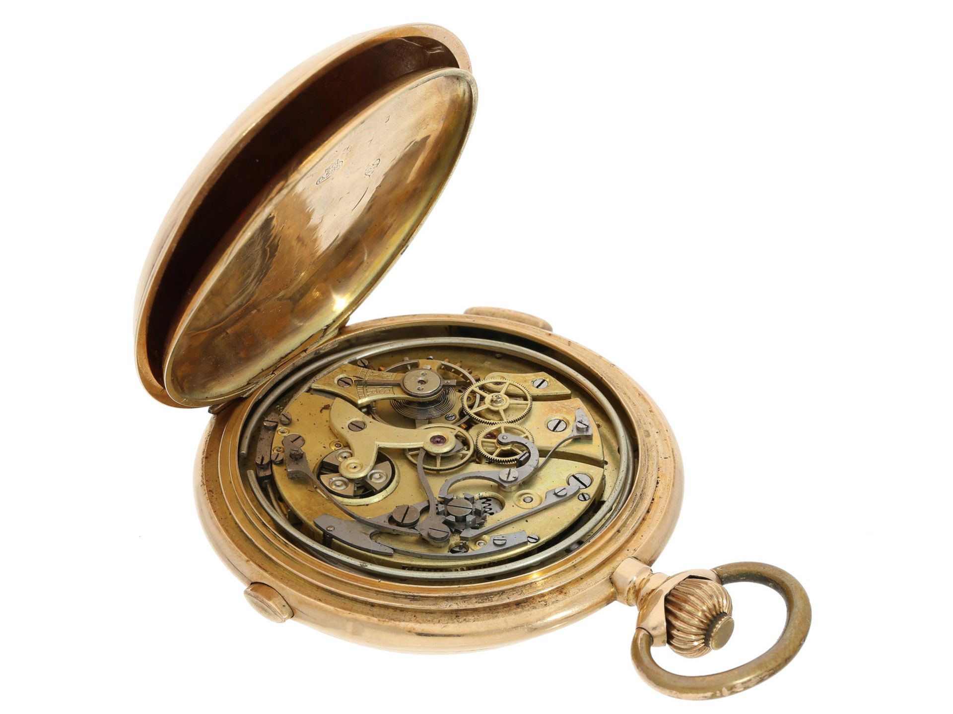 Taschenuhr: besonders große und schwere rotgoldene Savonnette mit Repetition und Chronograph und - Image 4 of 5