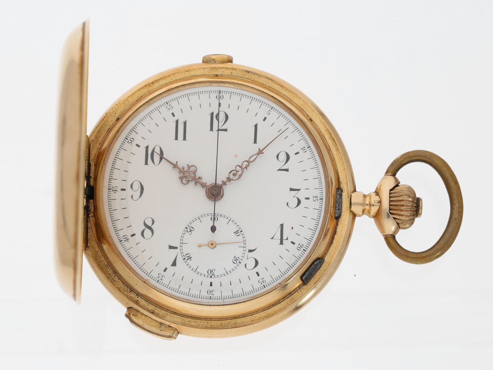 Taschenuhr: besonders große und schwere rotgoldene Savonnette mit Repetition und Chronograph und