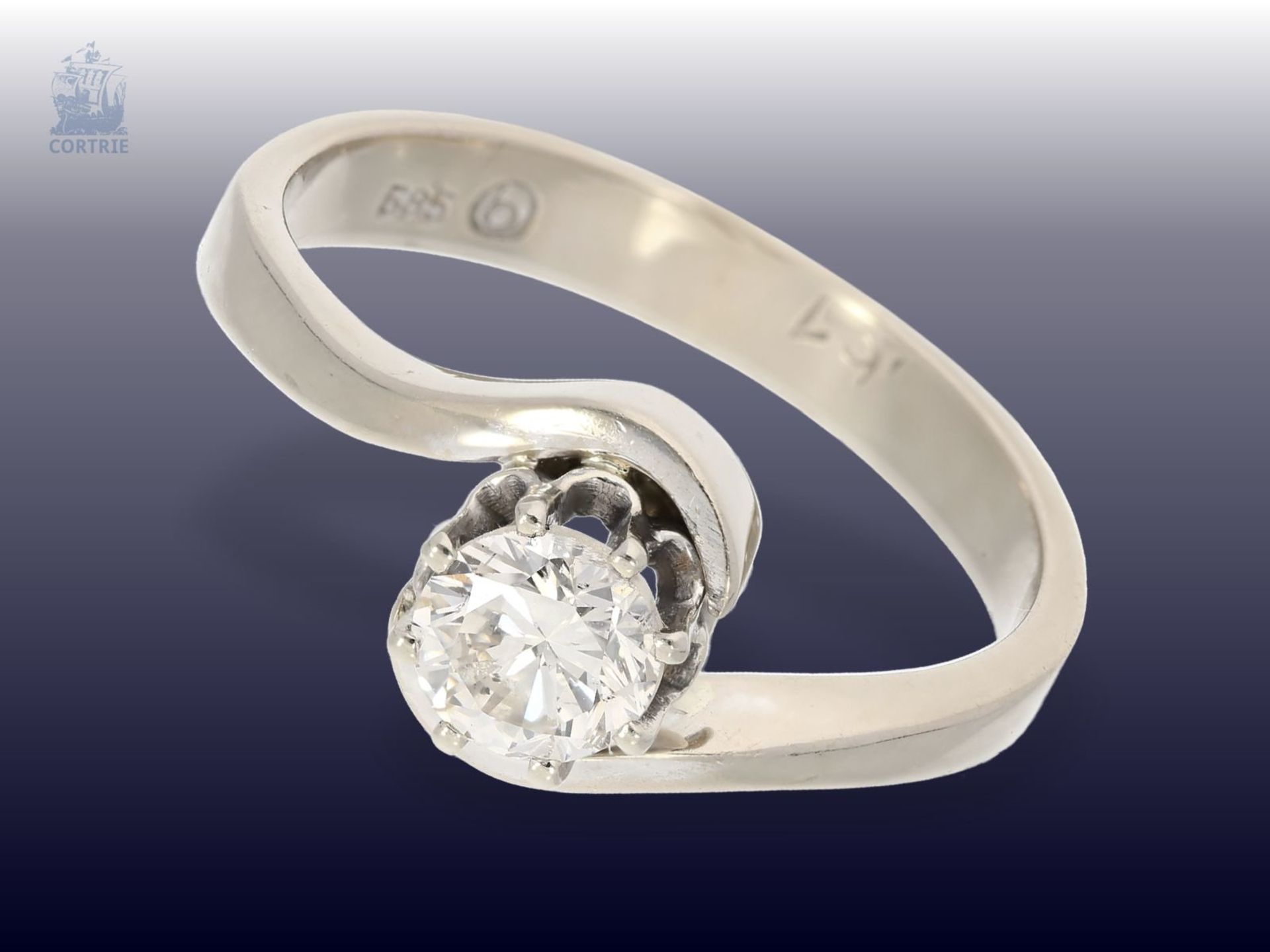 Ring: weißgoldener vintage Solitär-Brillantring, 0,61ctCa. Ø17,5mm, RG55, ca. 4g, 14K Weißgold, - Image 2 of 2