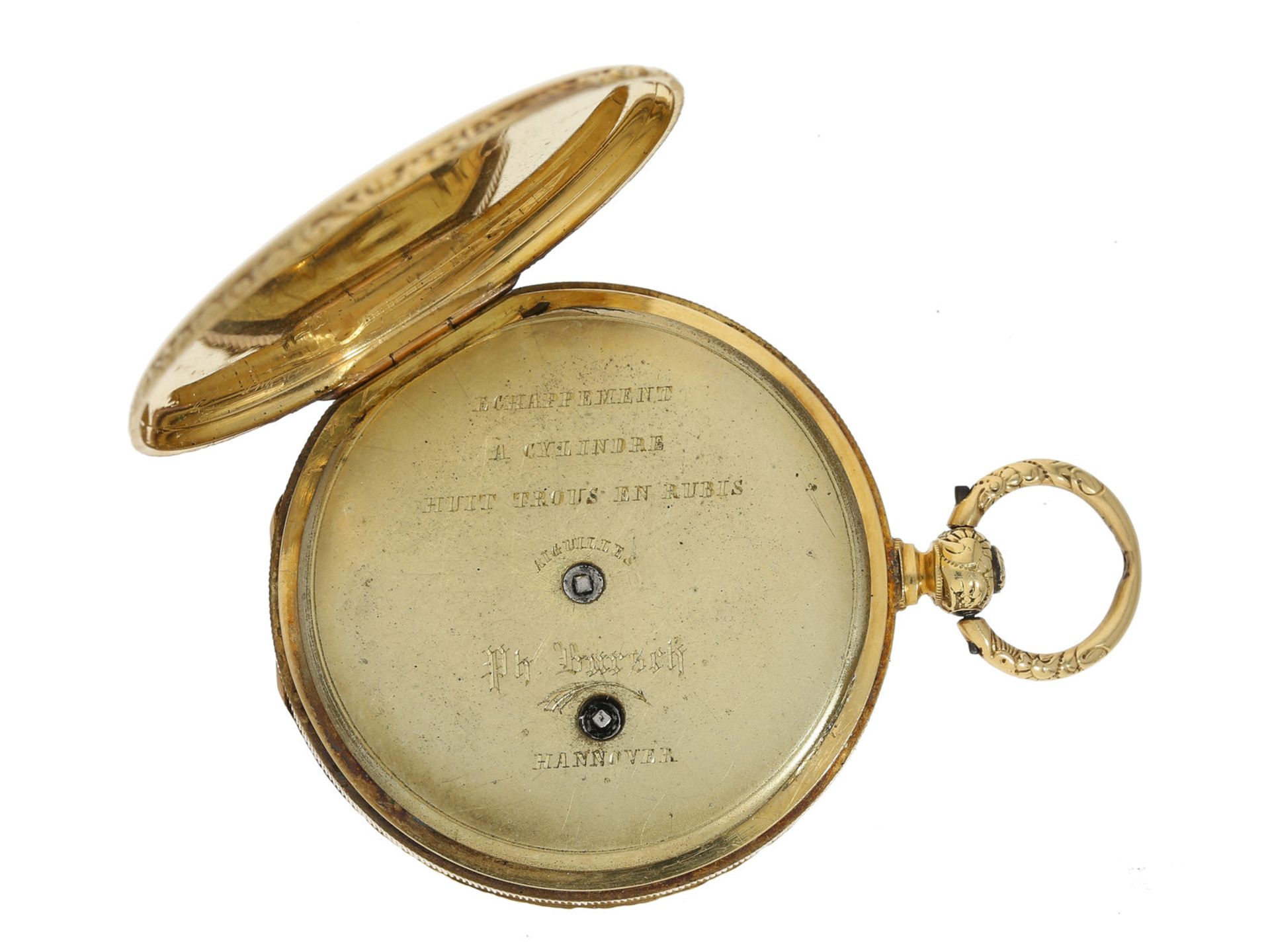 Taschenuhr: frühe 18K Goldlepine mit Chatelaine, signiert Bursch, Hannover, ca. 1860Ca. Ø44mm, ca. - Bild 4 aus 4