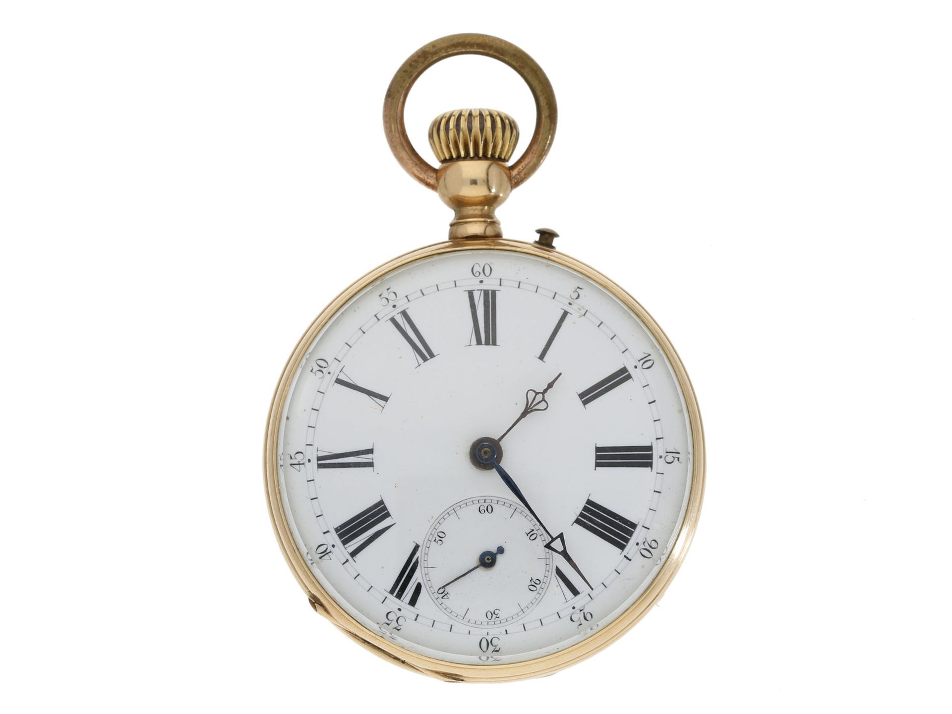 Taschenuhr: frühe goldene Taschenuhr mit Kronenaufzug, ca. 1875Ca. Ø46mm, ca. 81g, 14K Gold, No.