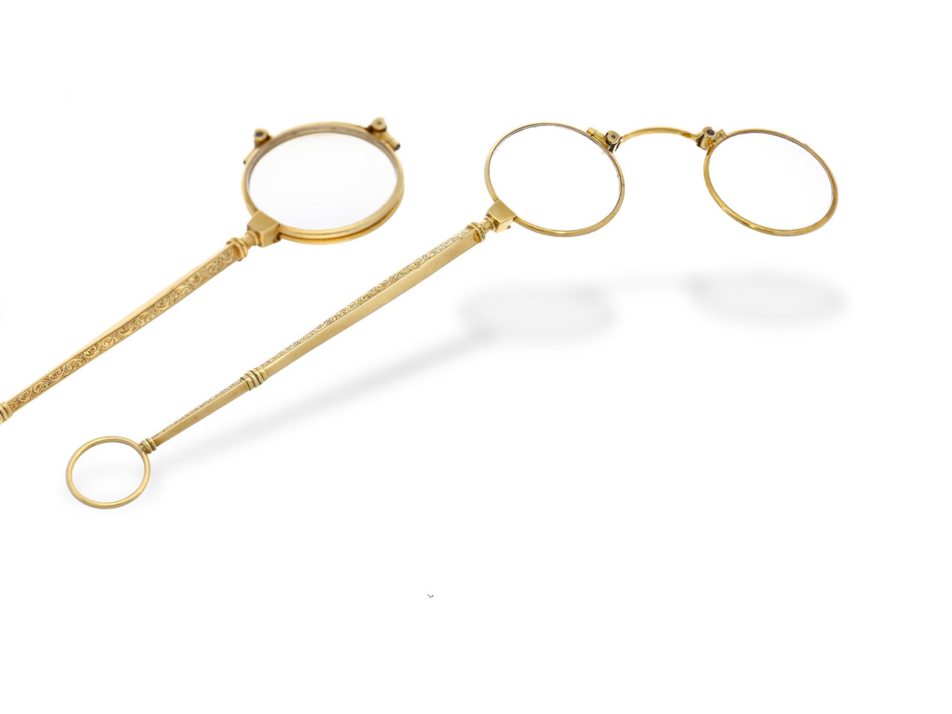 Lorgnette/Lorgnon: seltenes, außergewöhnlich langes Lorgnon, um 1900, 14K GoldCa. 18cm lang, ca.