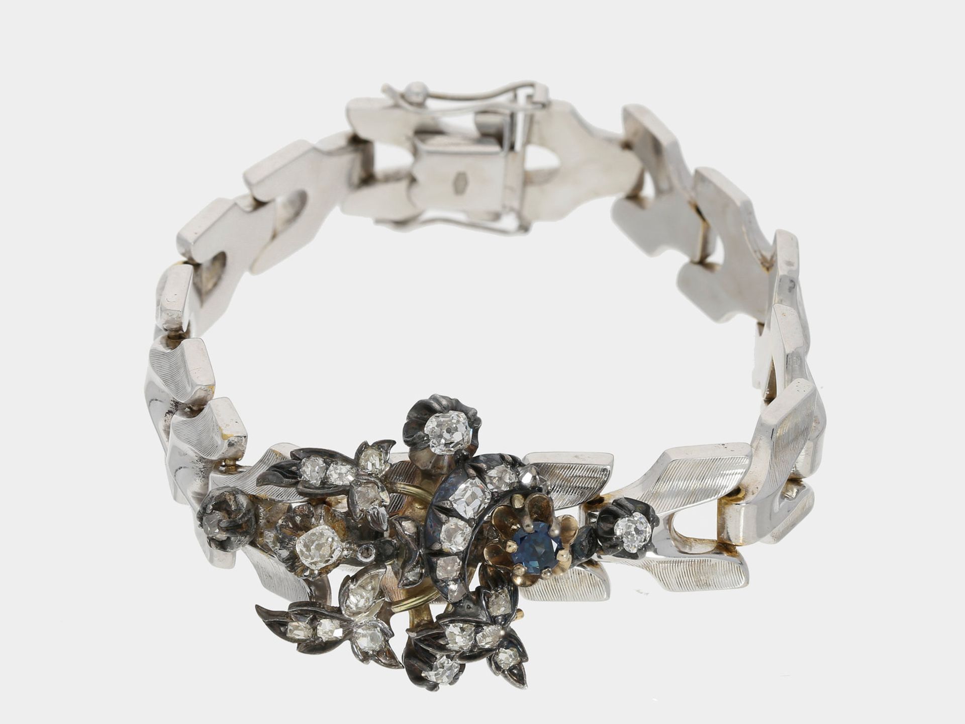 Armband: interessantes vintage Armband mit Diamanten und blauem Farbstein, 18K Gold und SilberCa.