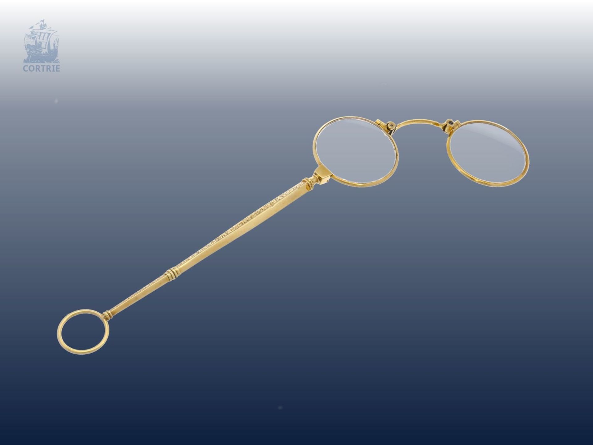 Lorgnette/Lorgnon: seltenes, außergewöhnlich langes Lorgnon, um 1900, 14K GoldCa. 18cm lang, ca. - Bild 2 aus 3