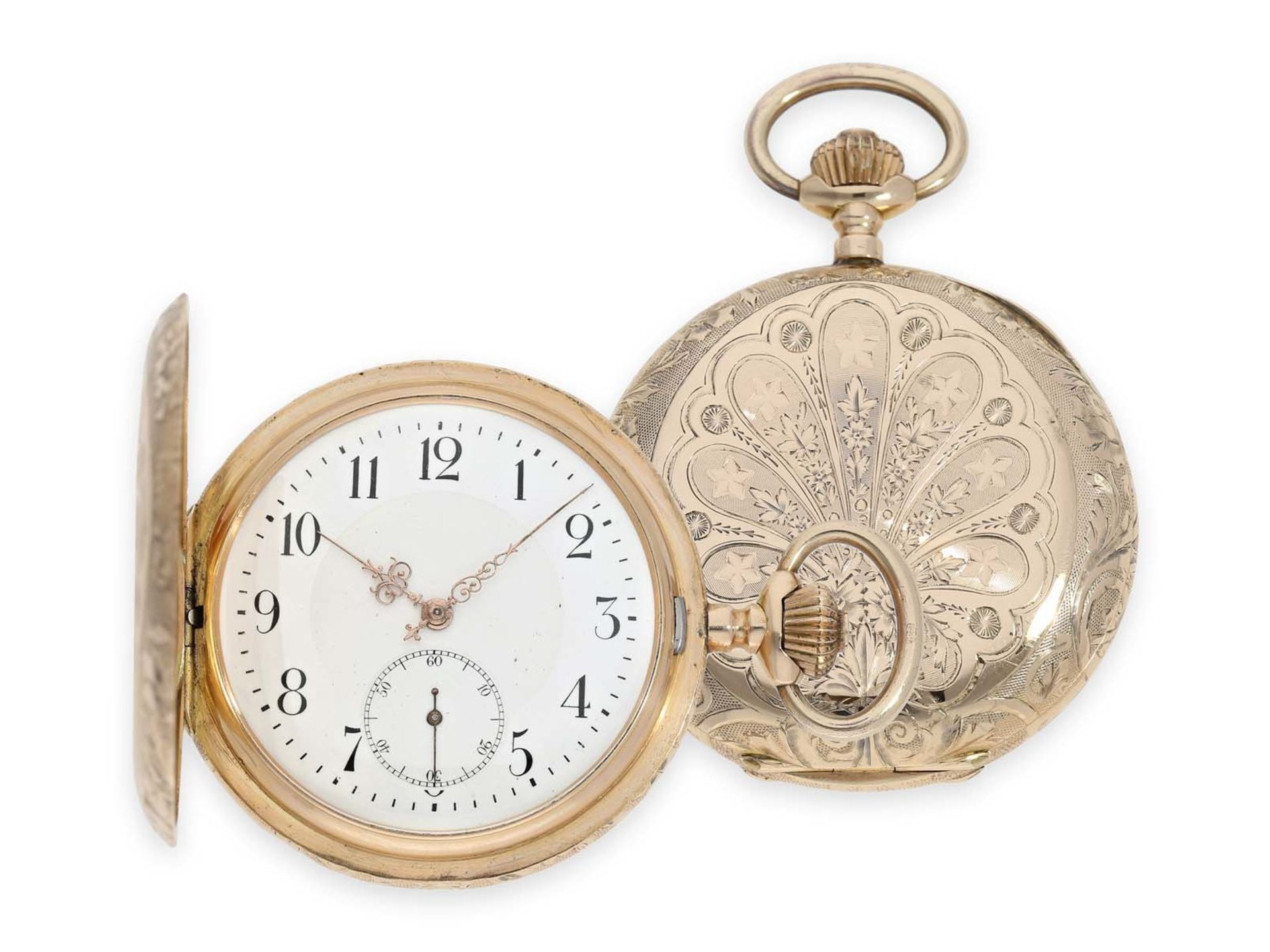 Pocket watch: pink gold Art Nouveau splendour hunting case watch with fine quality case, Switzerland