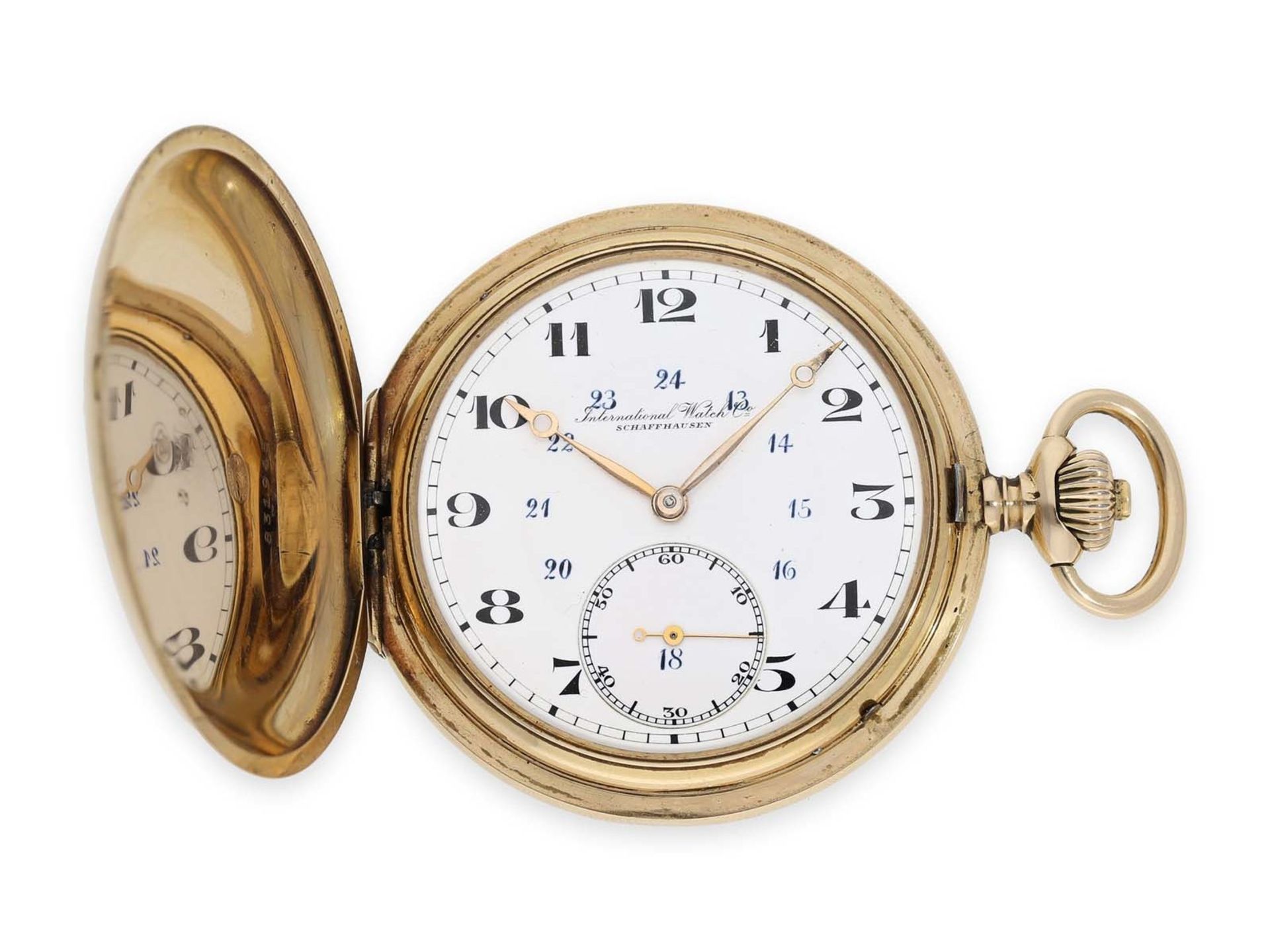 Pocket watch: precision lever watch by IWC Schaffhausen, gold hunting case No. 671617, ca. 1916Ca.