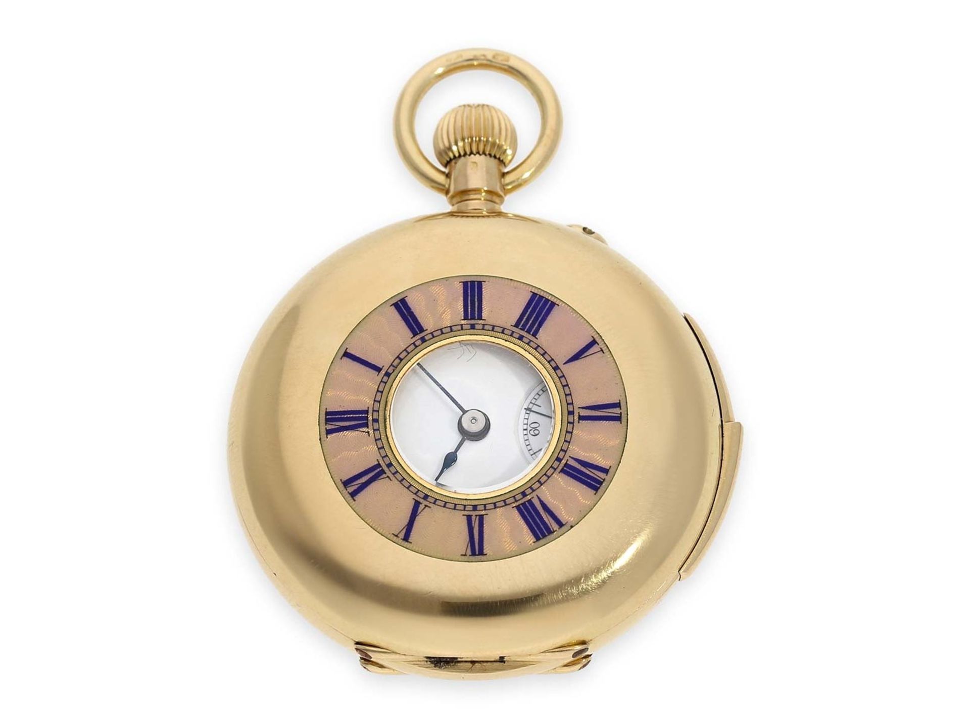 Pocket watch: exquisite gold/ enamel lady's half hunting case repeater with precision lever