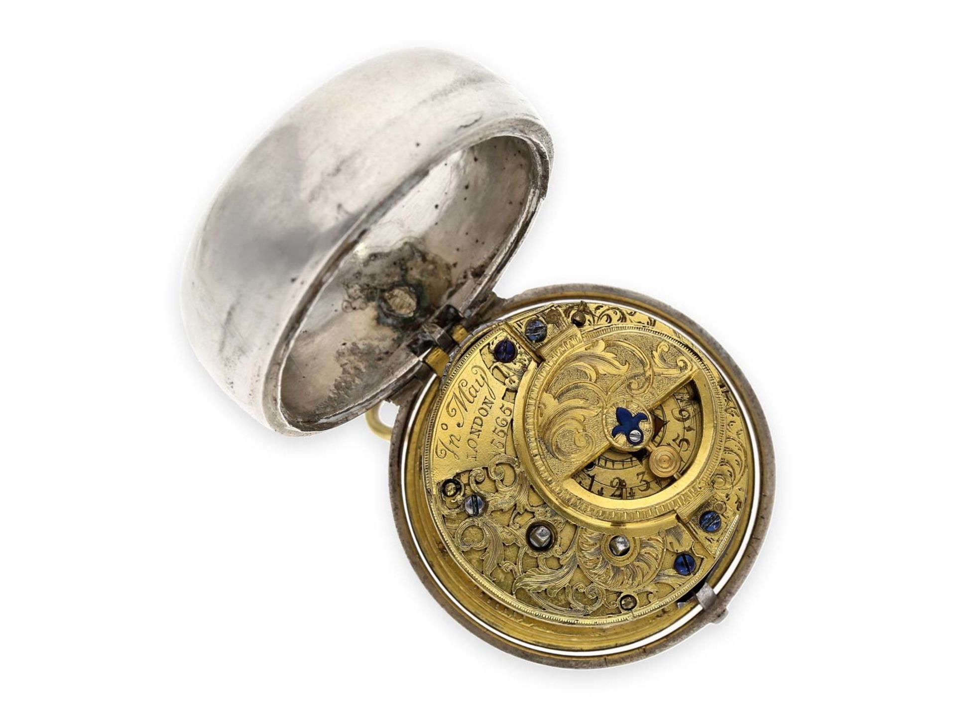 Pocket watch: early large English "Oignon" with date and mock pendulum, John May London No. 5565, - Bild 3 aus 7