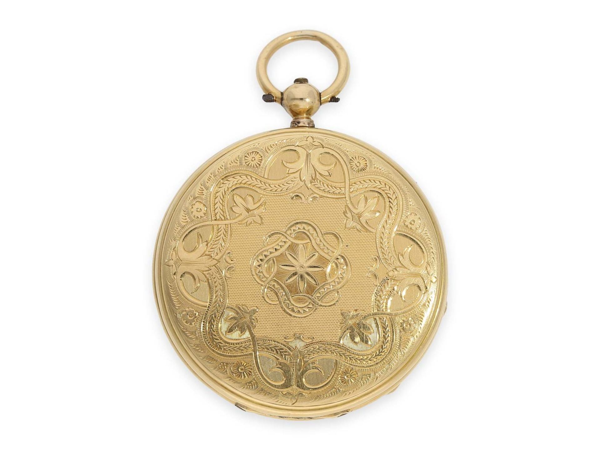 Pocket watch: beautiful engine turned Lepine in 18K gold, ca. 1860Ca. Ø45mm, ca. 49g, 18K gold, back - Bild 5 aus 5