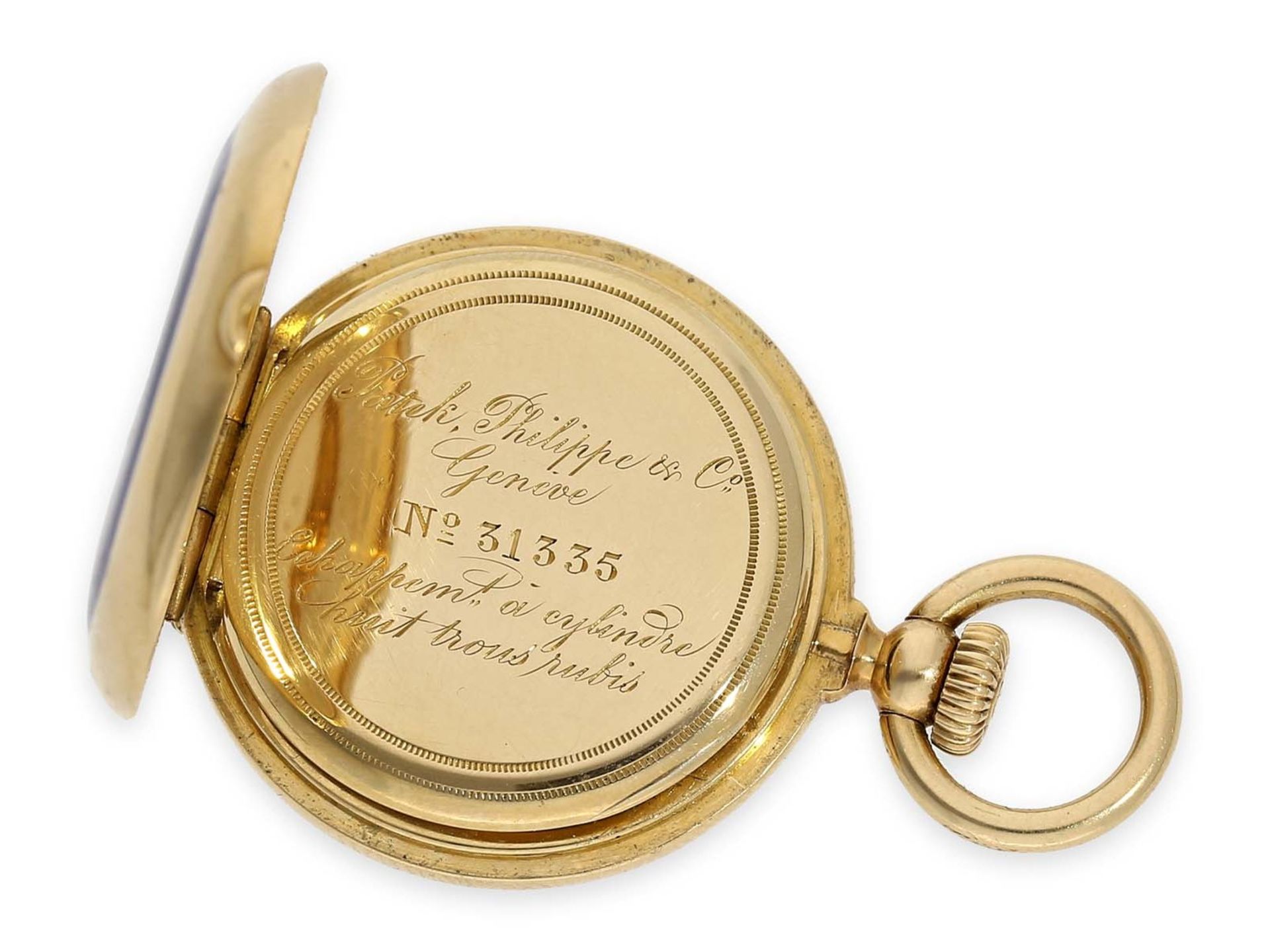 Pocket watch: smallest known to us Patek Philippe half hunting case watch with gold/ enamel case, - Bild 10 aus 11