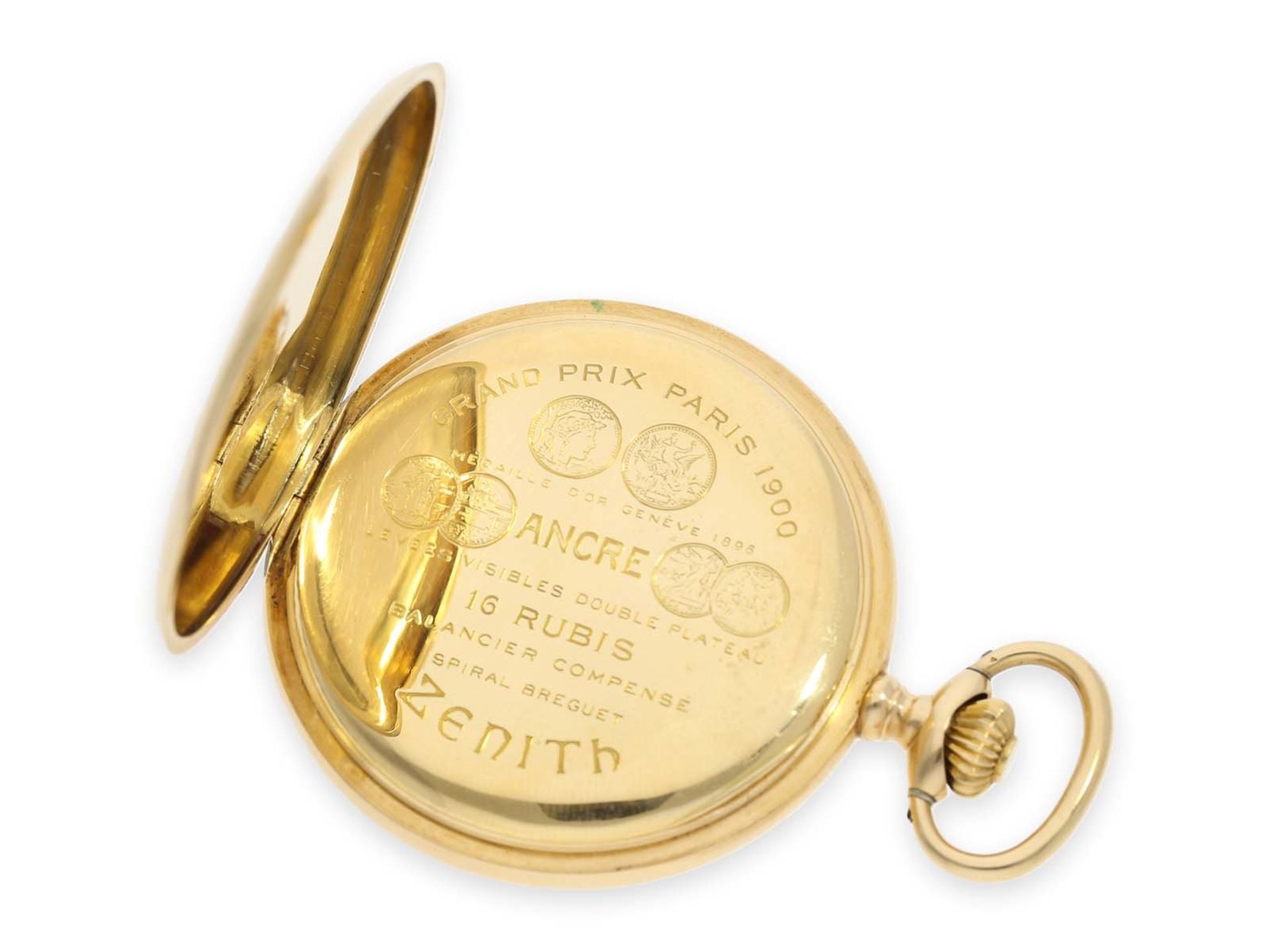 Pocket watch: 18K Zenith gold hunting case watch, ca. 1910Ca. Ø51.5mm, ca. 86g, 18K gold, all 3 lids - Bild 4 aus 7