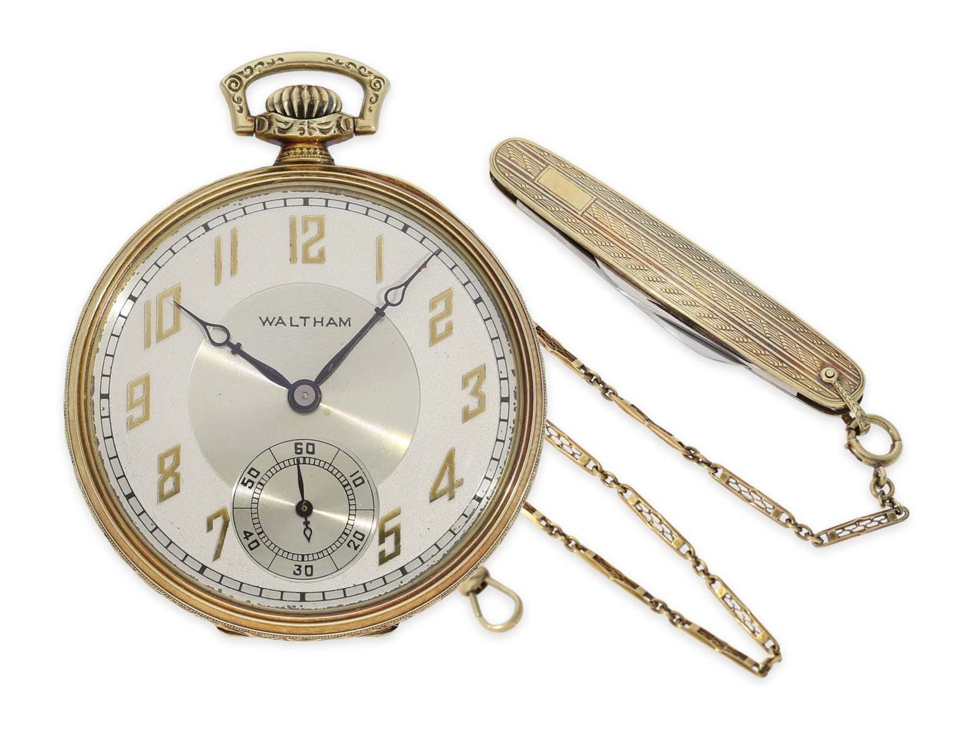 Pocket watch: completely original preserved Art Deco man's set with golden dress watch, watch