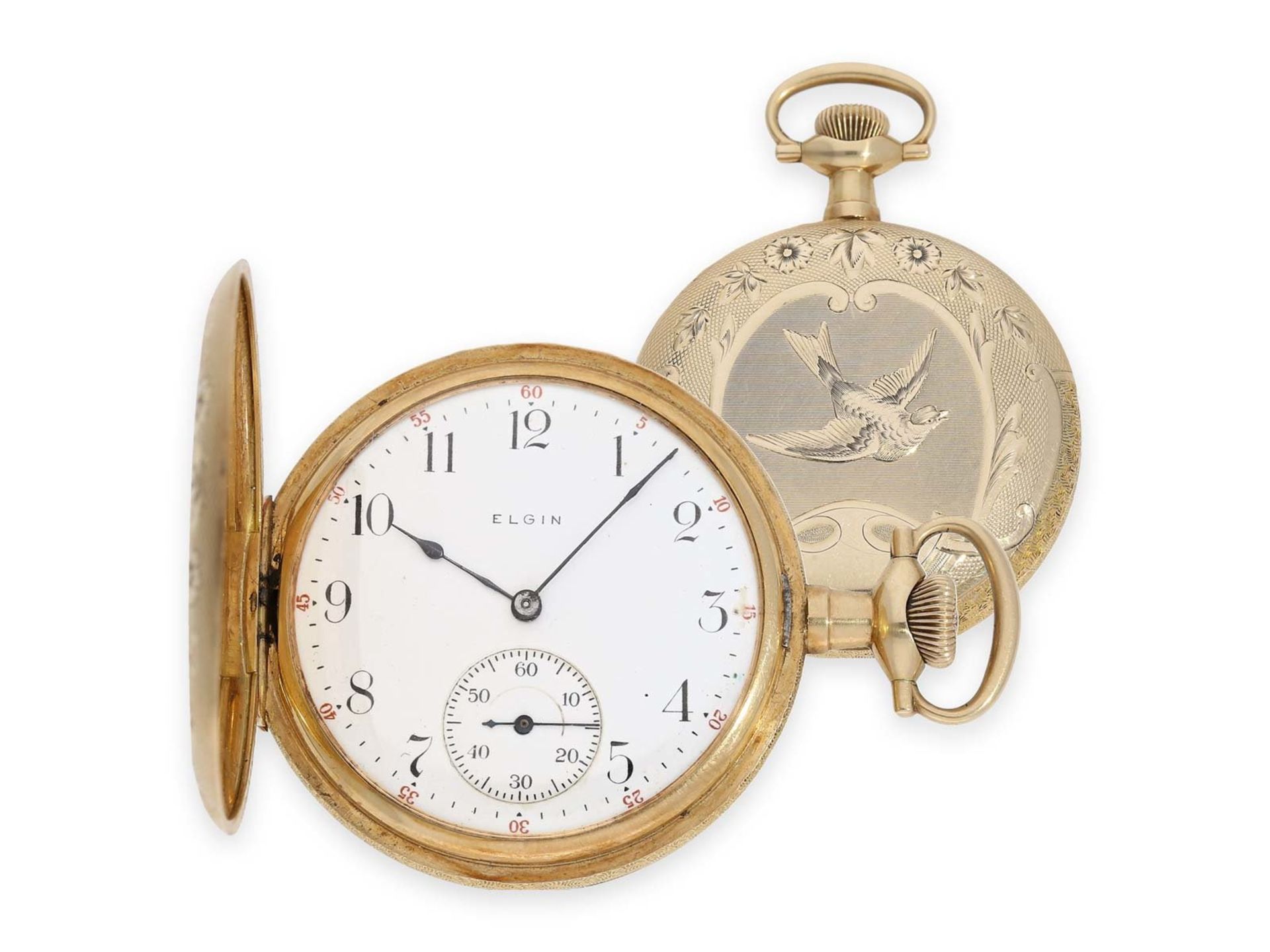 Pocket watch: very beautiful golden American Art Nouveau hunting case watch with extraordinary
