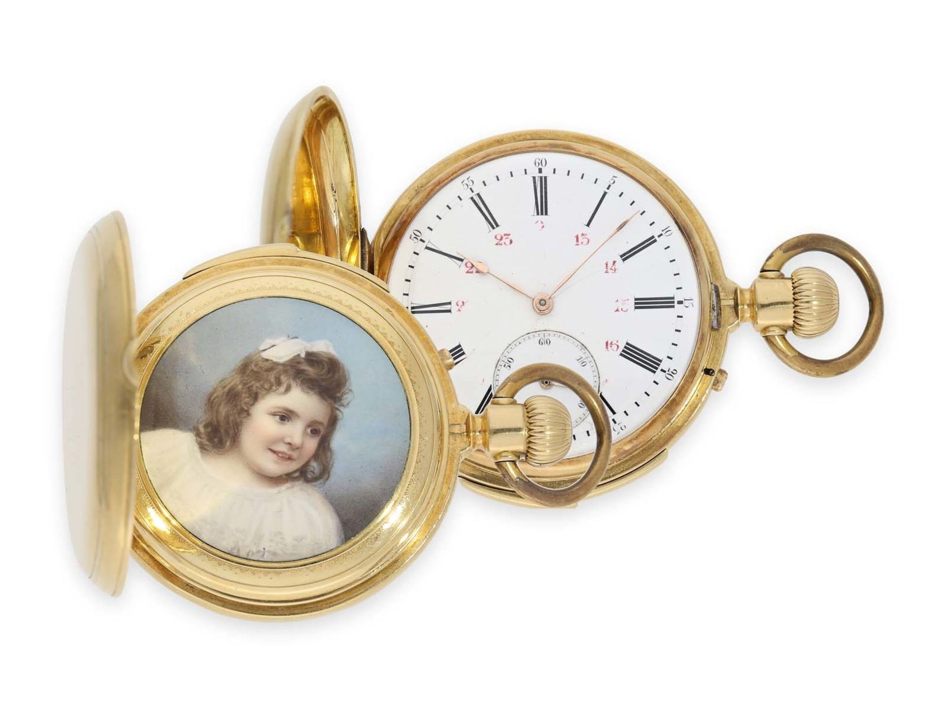 Pocket watch: early Le Coultre gold hunting case watch with concealed enamel painting and minute