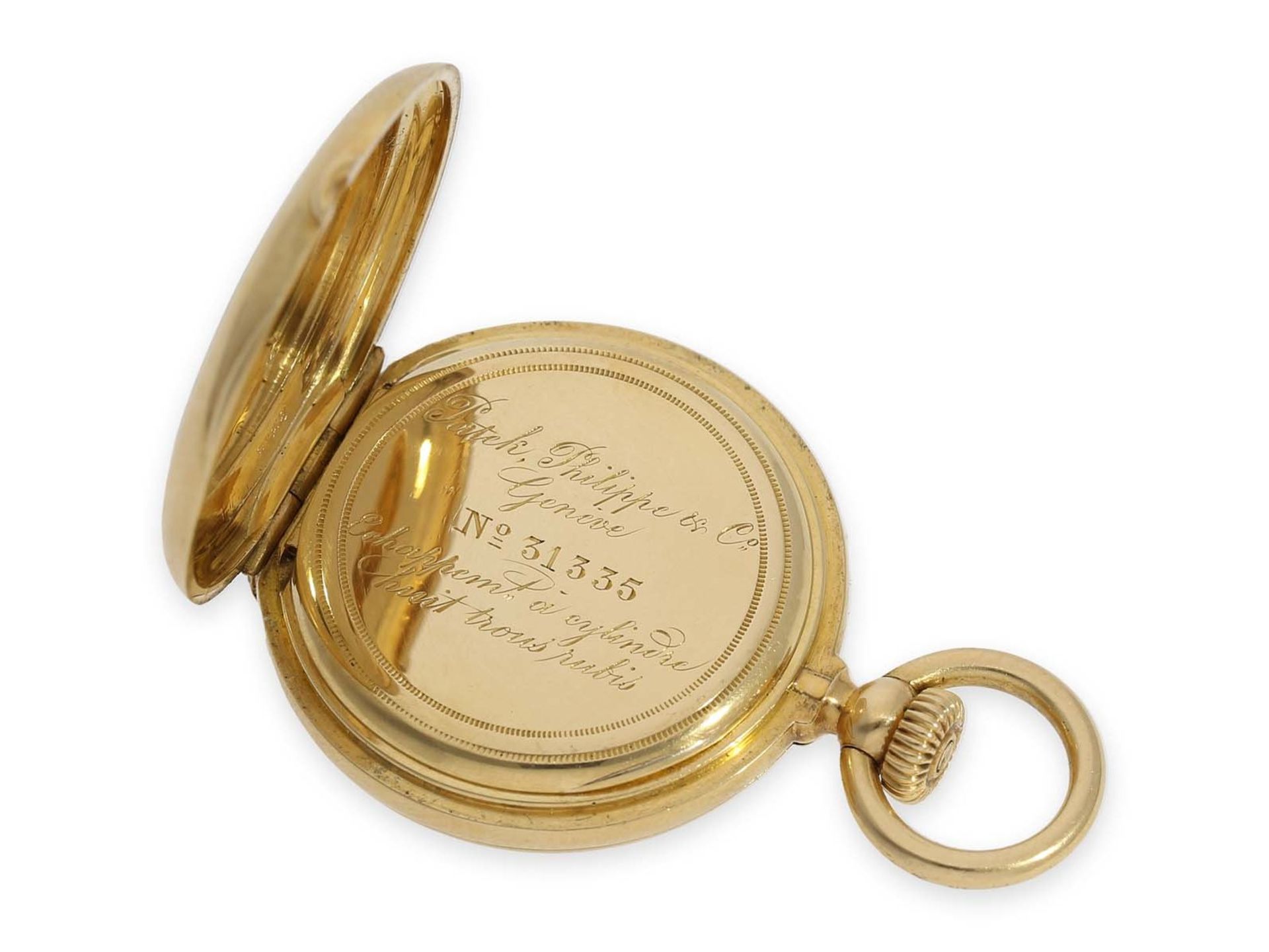 Pocket watch: smallest known to us Patek Philippe half hunting case watch with gold/ enamel case, - Bild 7 aus 11