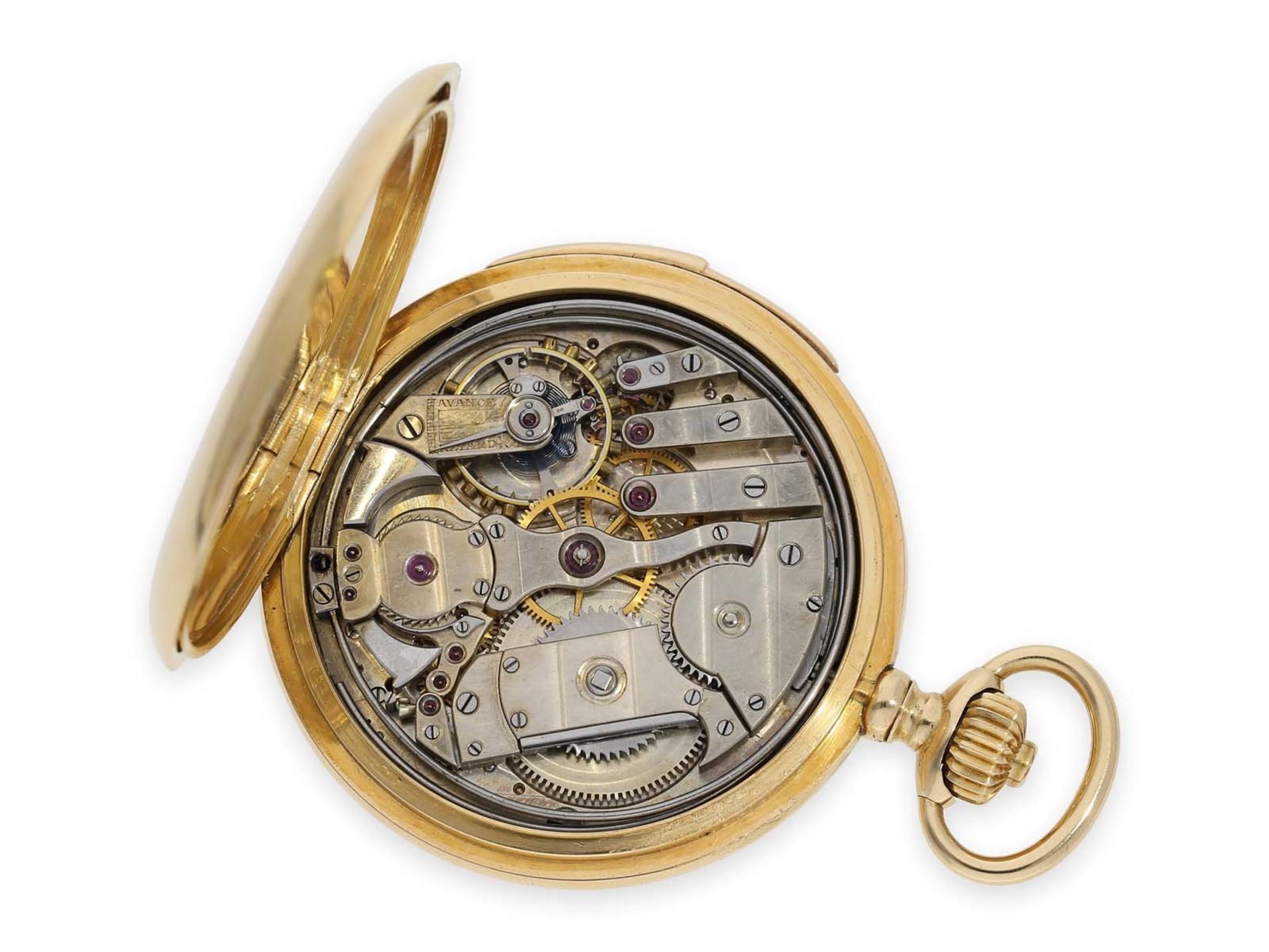 Pocket watch: high-quality gold hunting case quarter-hour repeater, Le Coultre top calibre, signed - Bild 4 aus 7