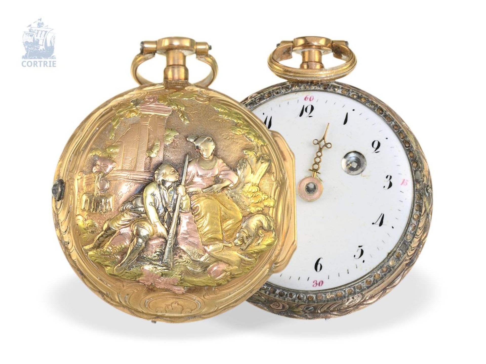 Pocket watch: splendid rococo verge watch with 4-coloured gold case, a toc & a tact repeater, Freres