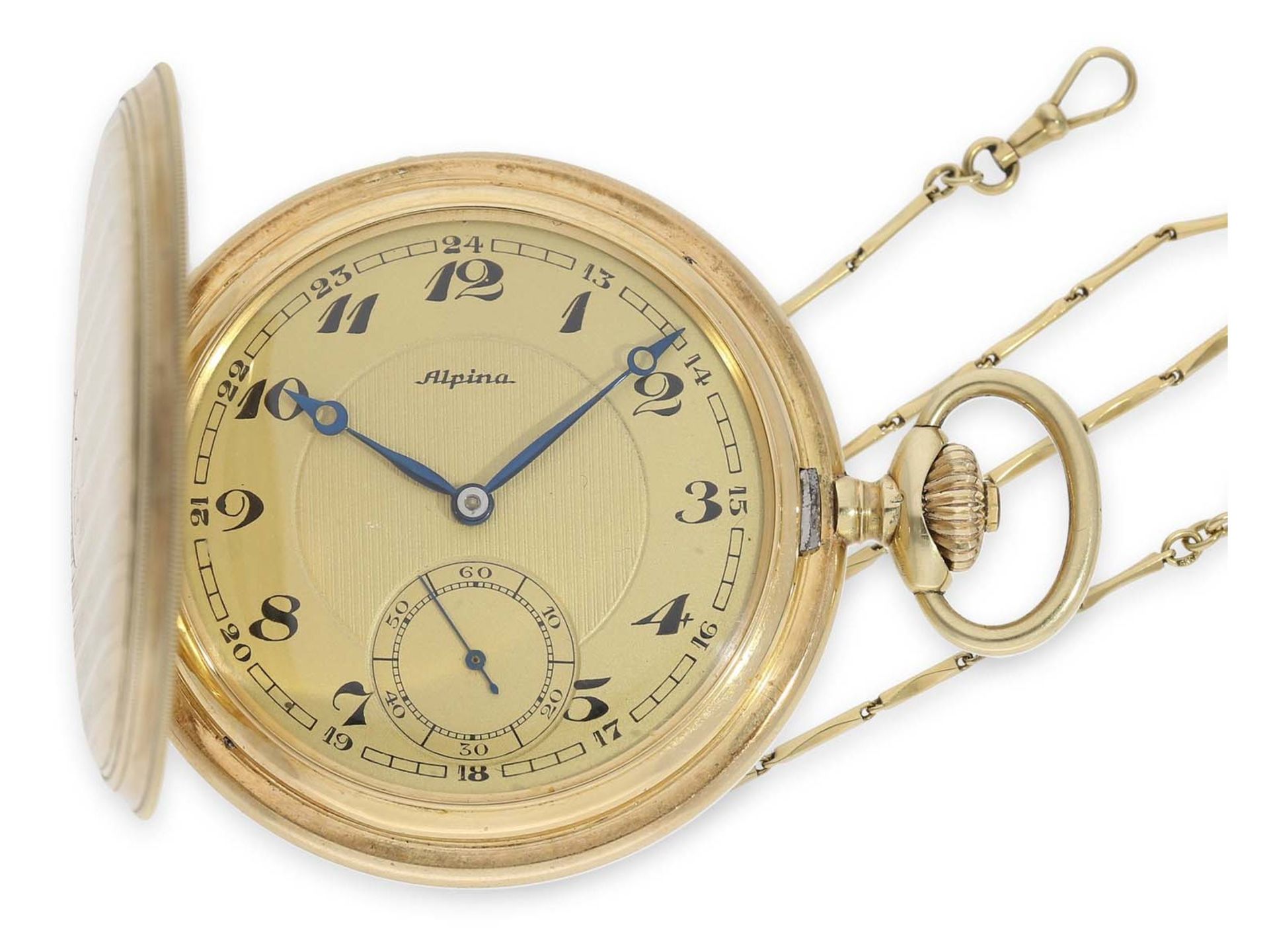 Pocket watch: high-quality Alpina Art Deco gold hunting case watch with gold chain and original box,