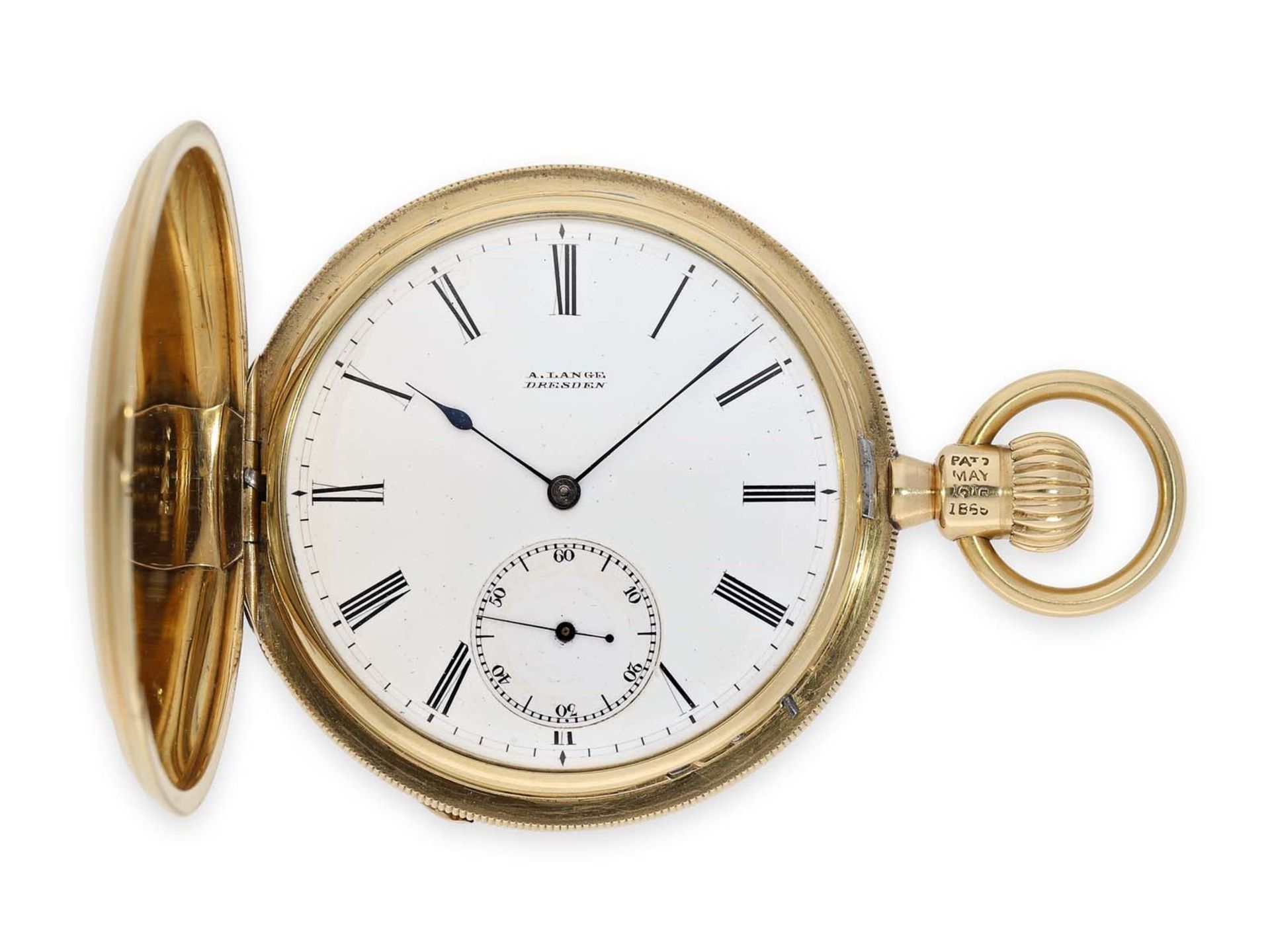 Pocket watch: exceptionally early and heavy A. Lange Dresden gold hunting case watch in best