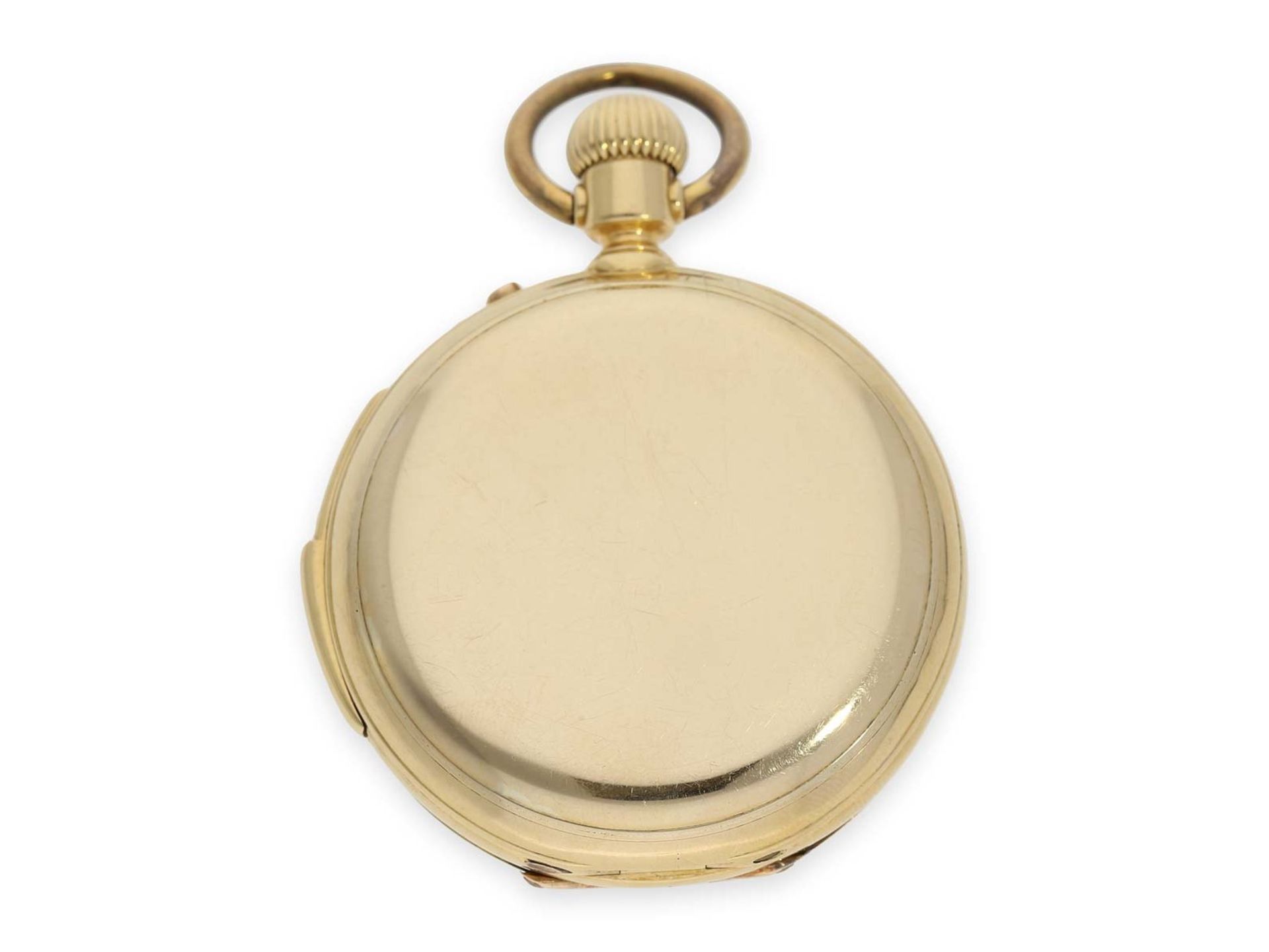 Pocket watch: early Le Coultre gold hunting case watch with concealed enamel painting and minute - Bild 7 aus 7