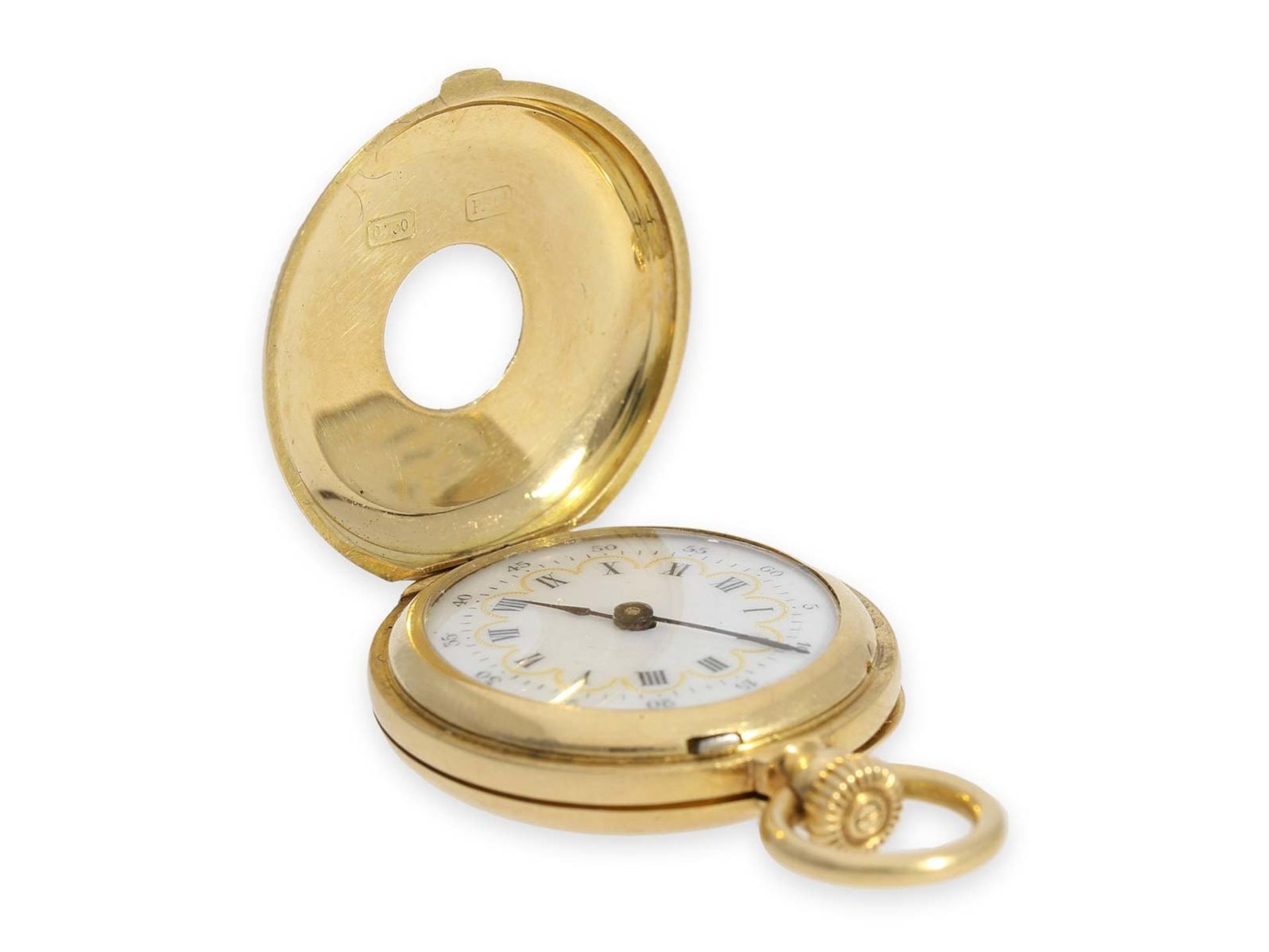 Pocket watch: smallest known to us Patek Philippe half hunting case watch with gold/ enamel case, - Bild 5 aus 11