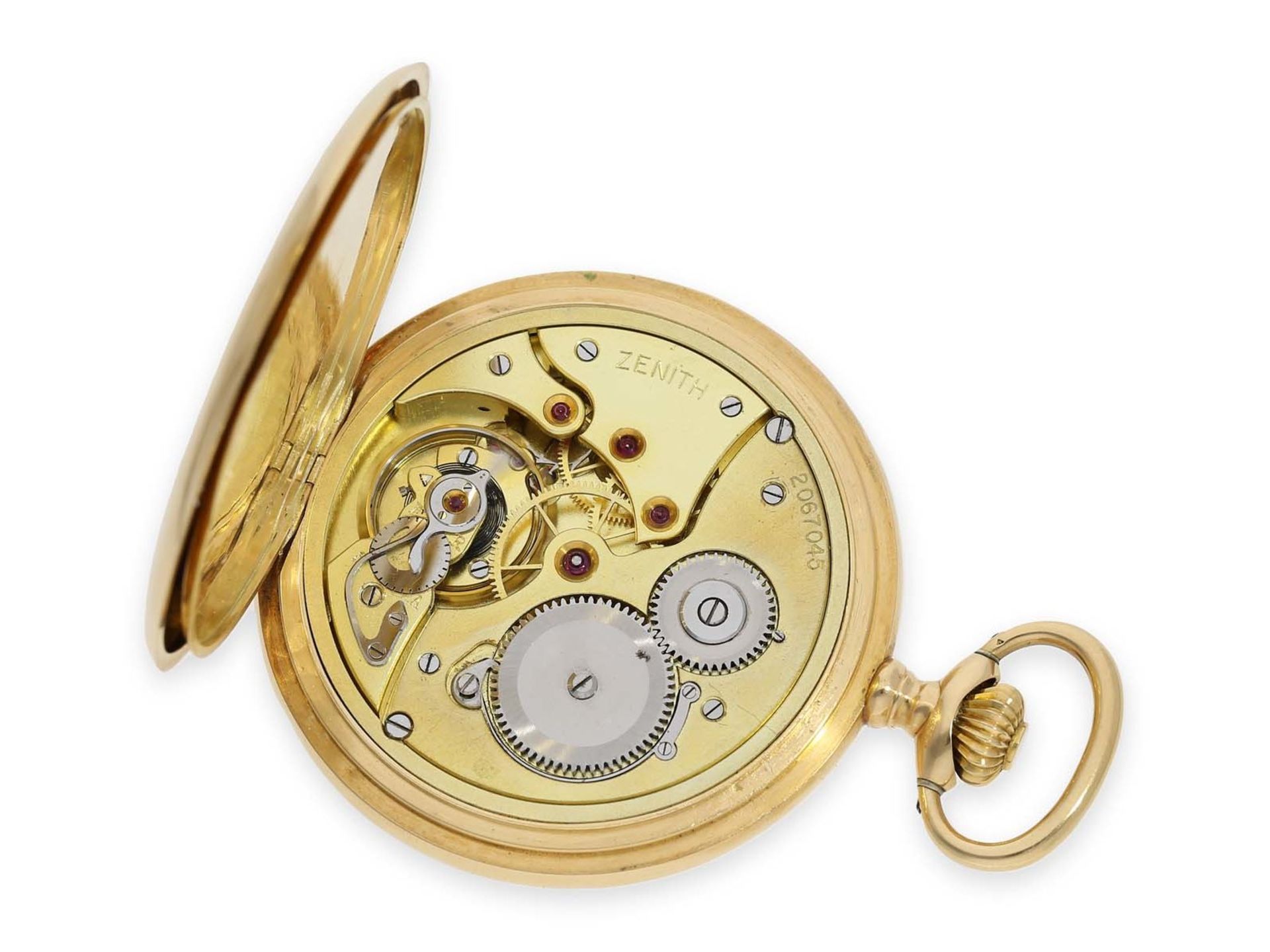 Pocket watch: 18K Zenith gold hunting case watch, ca. 1910Ca. Ø51.5mm, ca. 86g, 18K gold, all 3 lids - Bild 2 aus 7