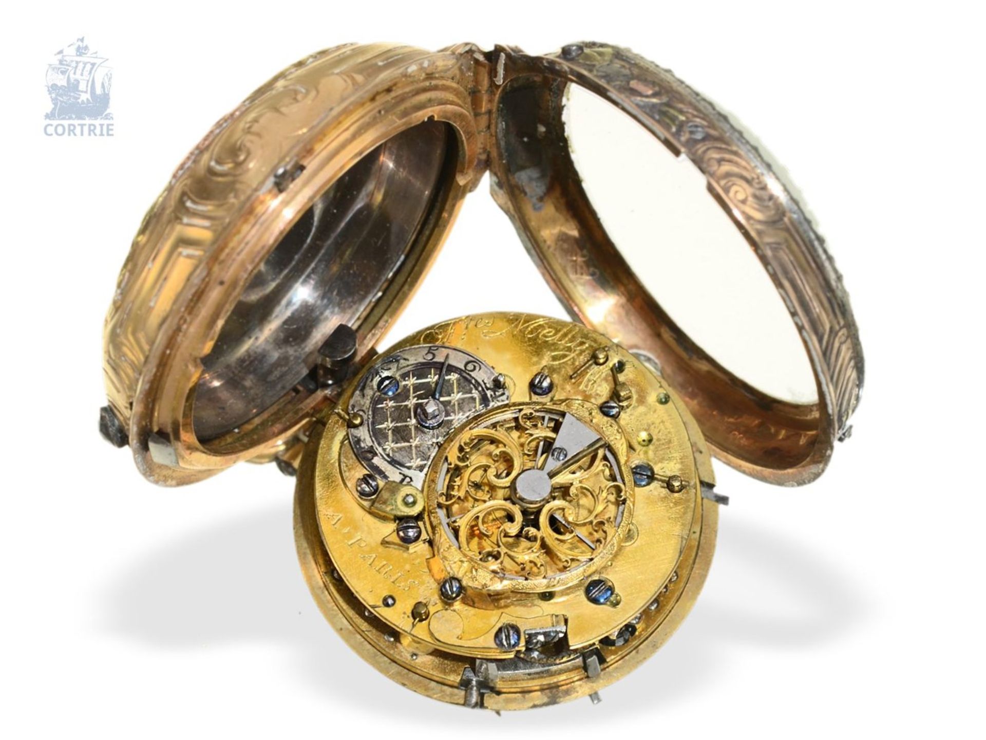 Pocket watch: splendid rococo verge watch with 4-coloured gold case, a toc & a tact repeater, Freres - Bild 4 aus 4