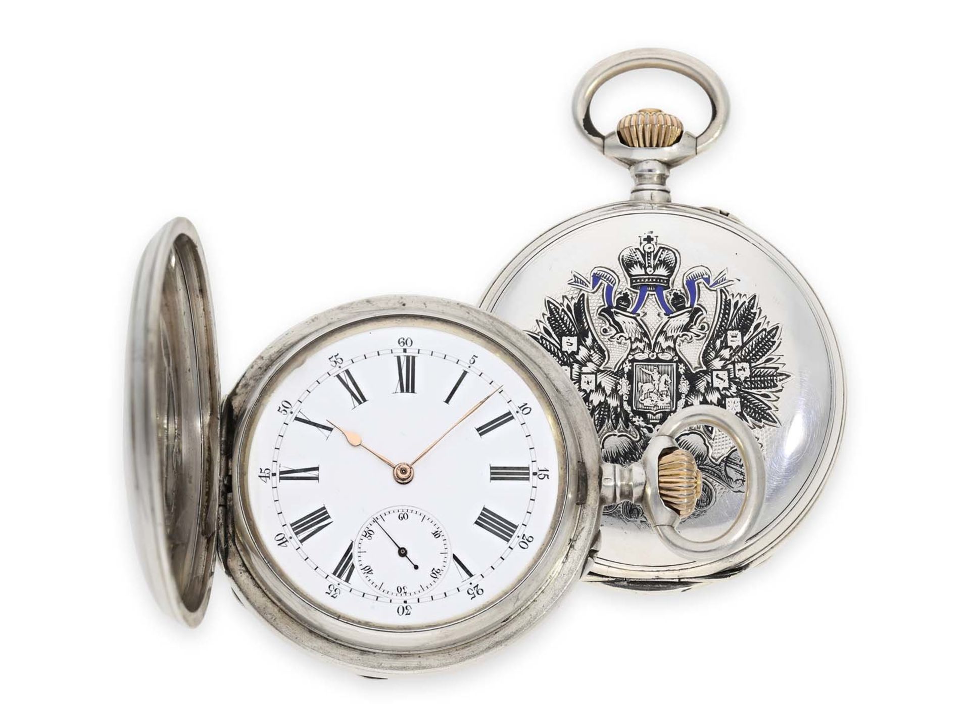 Pocket watch: silver hunting case watch with enamelled Tsar's eagle, present watch of the Russian