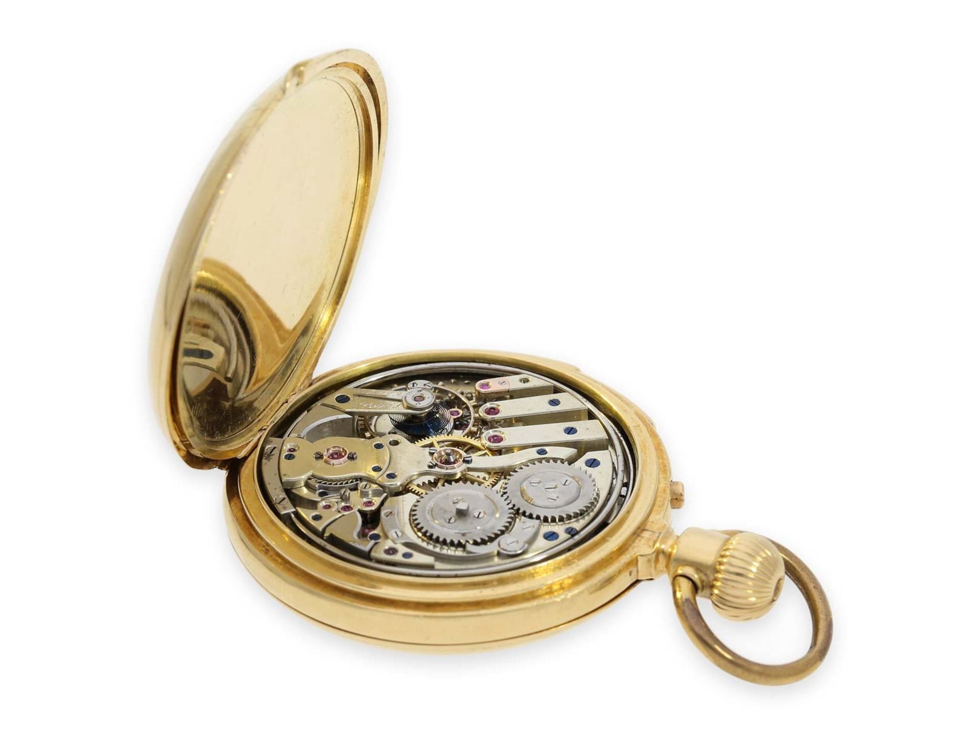 Pocket watch: early Le Coultre gold hunting case watch with concealed enamel painting and minute - Bild 5 aus 7