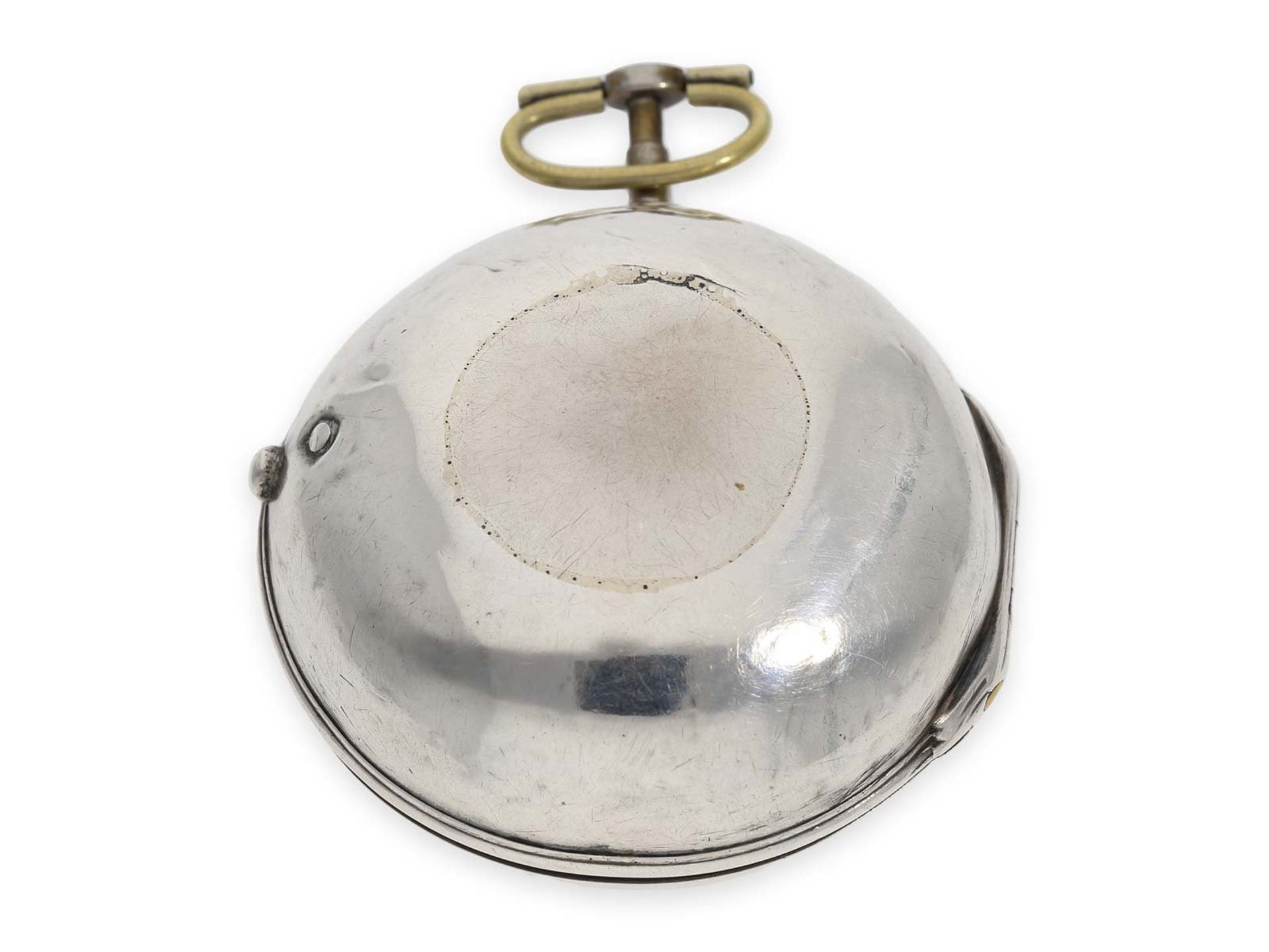 Pocket watch: early large English "Oignon" with date and mock pendulum, John May London No. 5565, - Bild 7 aus 7