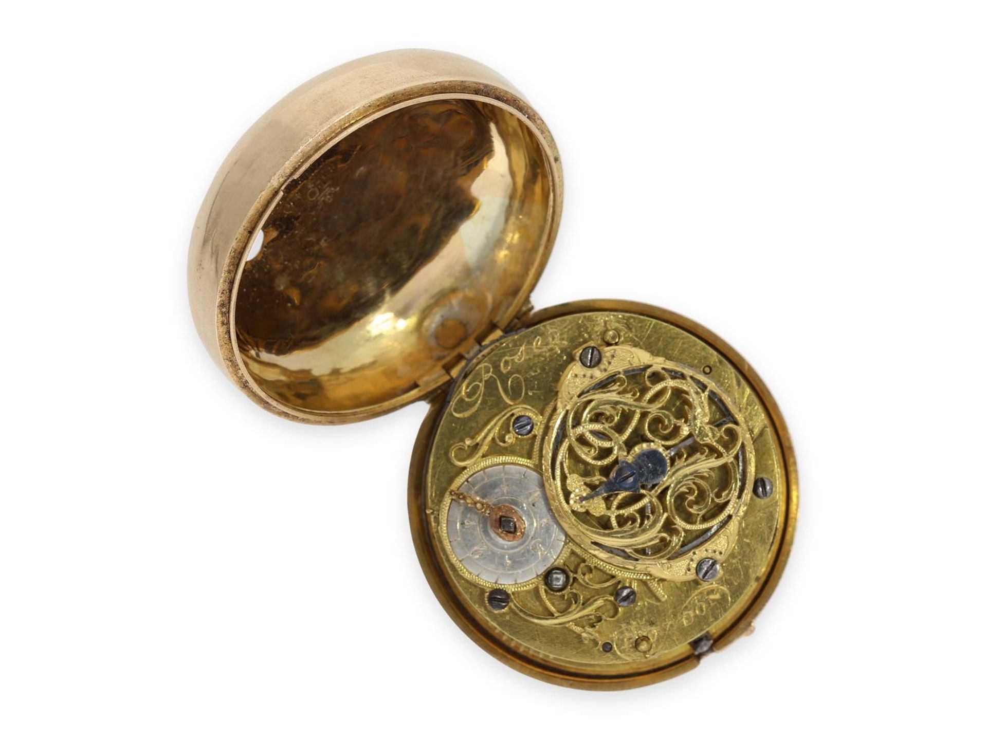 Pocket watch: early triple case gold repousse verge watch, signed Rose London, ca. 1770Ca. Ø53mm, - Bild 4 aus 8