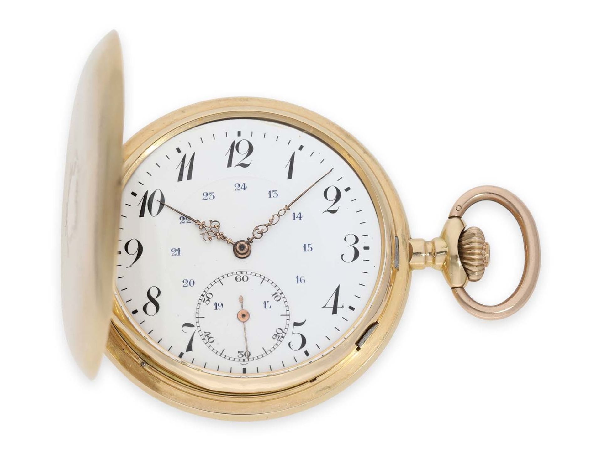 Pocket watch: exceptionally large Swiss gold hunting case watch with precision lever movement, so-